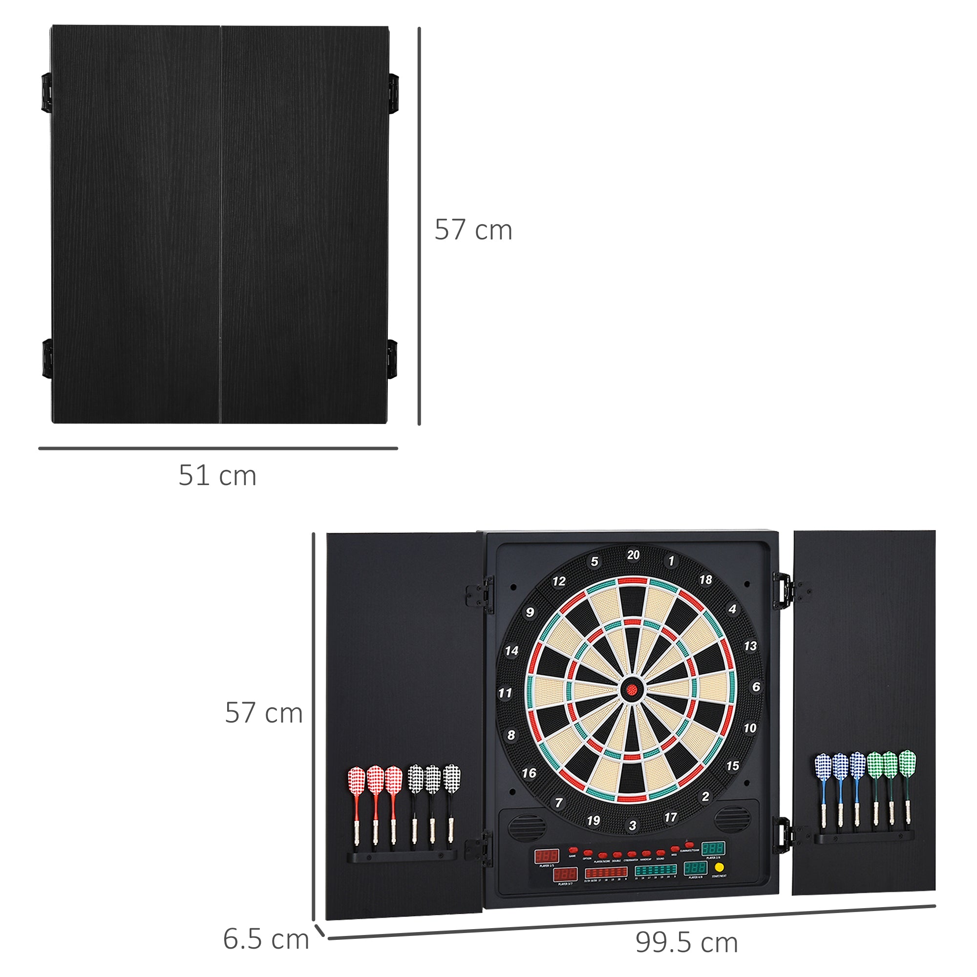 HOMCOM Electronic Dartboard Set, 27 Games Modes and 202 Variations, LED & 12 Soft Tip Darts and Cabinet to Storage, Ready-to-Play Multi-Game Option Darts Machine - anydaydirect