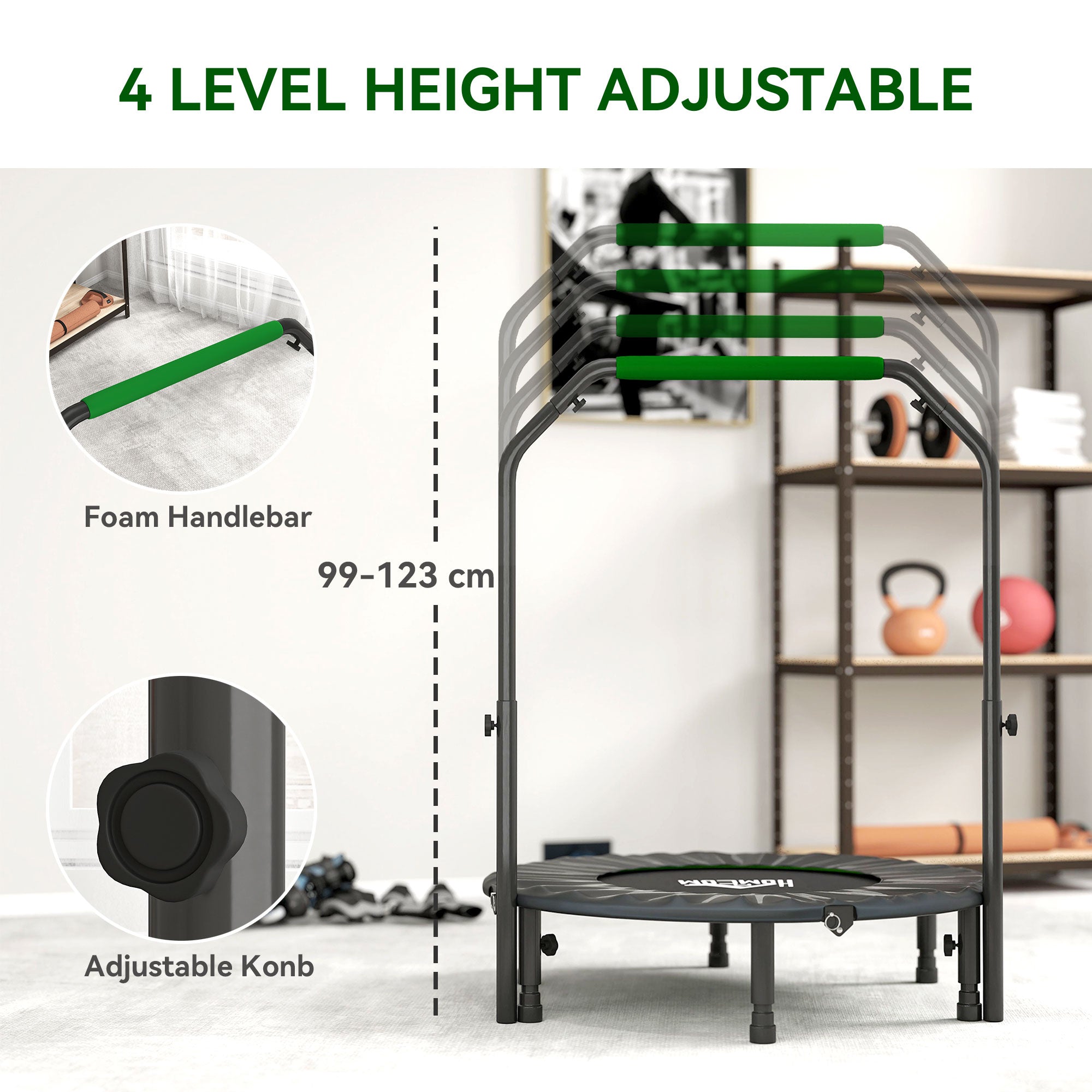 HOMCOM 40" Foldable Mini Fitness Trampoline, with Adjustable Foam Handle, Green - anydaydirect