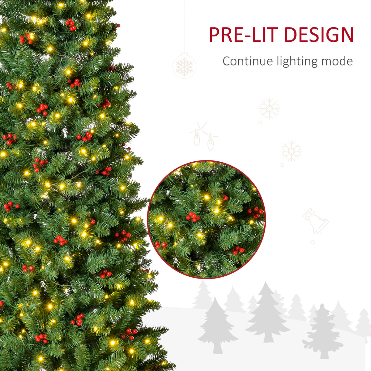 HOMCOM 7FT Prelit Artificial Pencil Christmas Tree with Warm White LED Light, Red Berry, Holiday Home Xmas Decoration, Green - anydaydirect