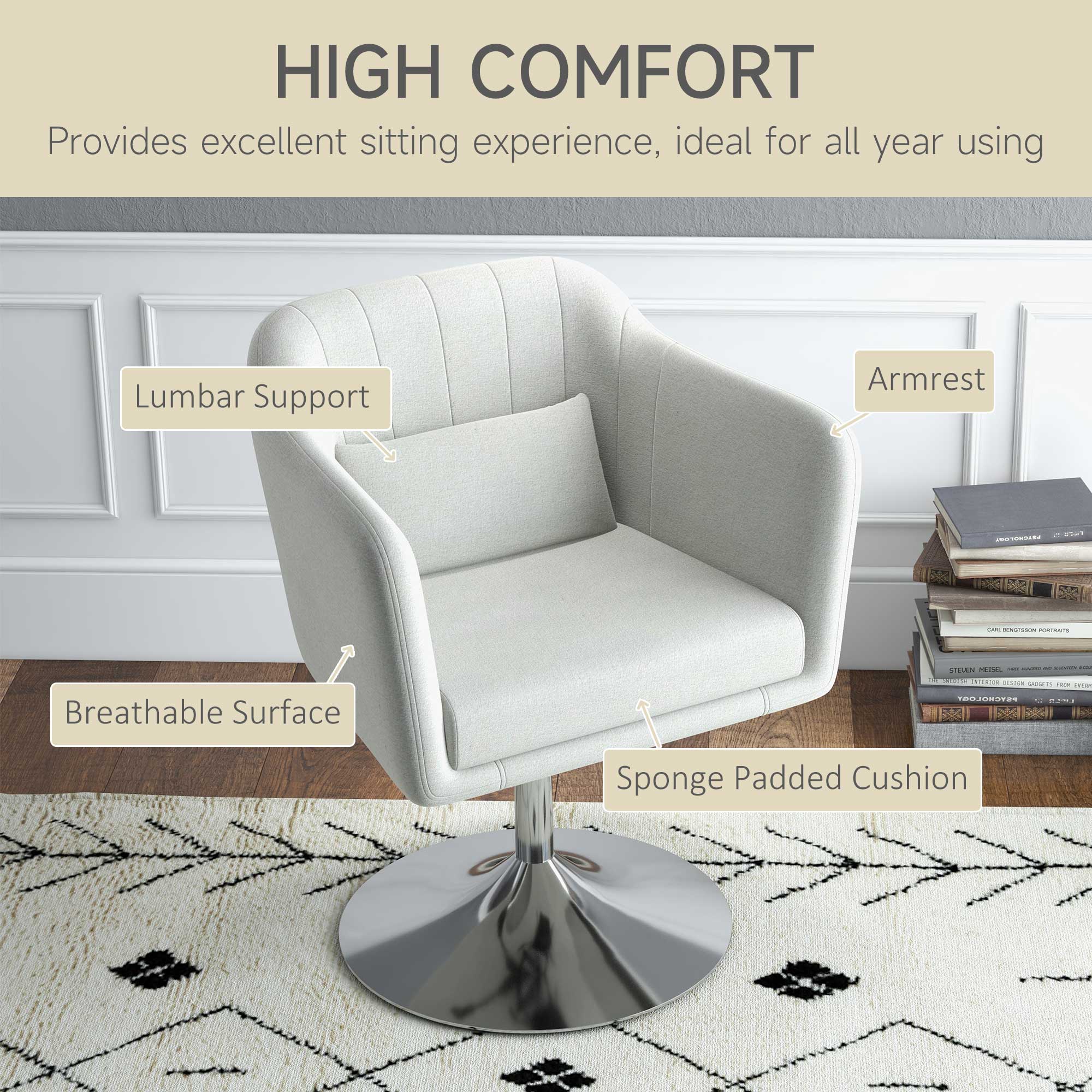 HOMCOM Modern Accent Chair with Swivel Base, Height Adjustable Arm Chair with Pillow for Living Room, Bedroom, Cream White - anydaydirect