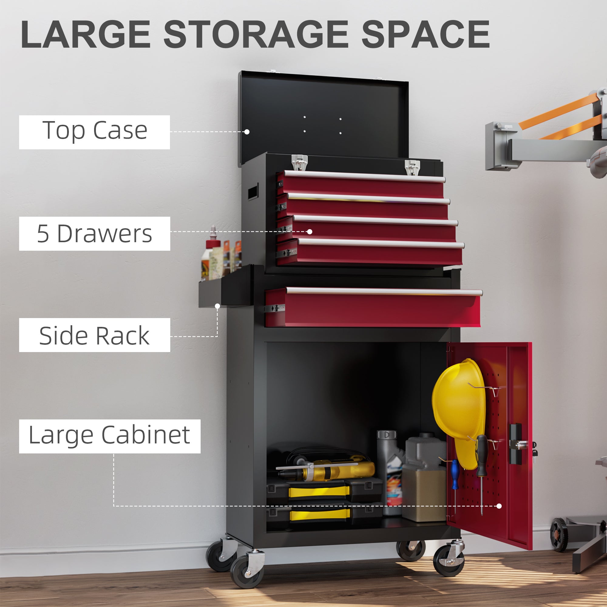 HOMCOM Two-Part Tool Storage Chest on Wheels - Black/Red - anydaydirect