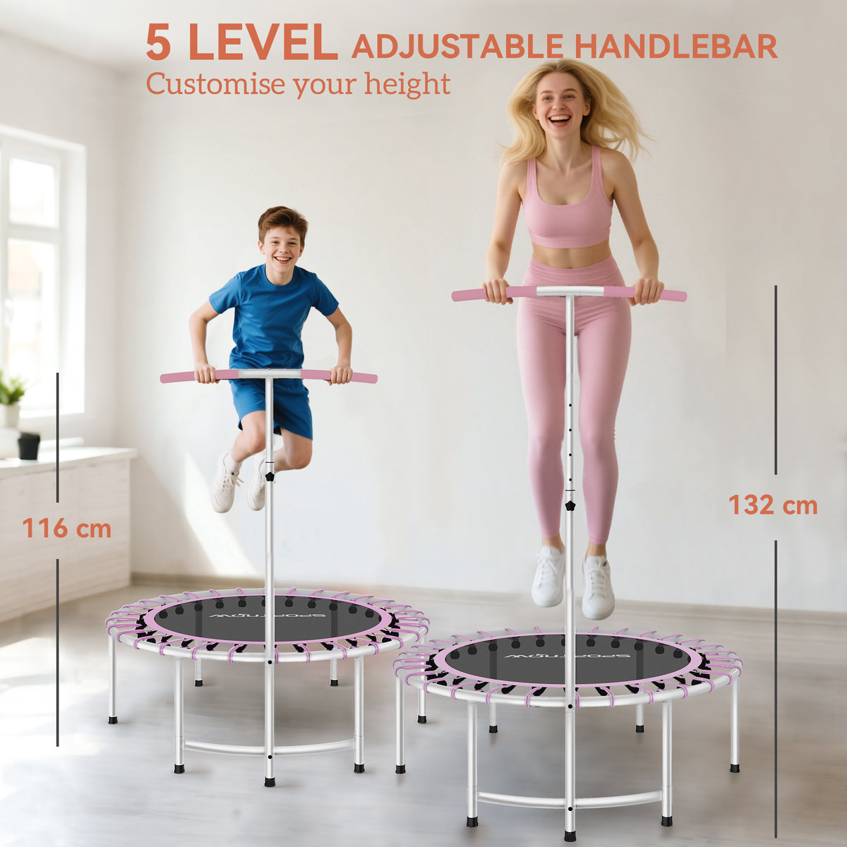 SPORTNOW 40" Fitness Trampoline, Mini Rebounder Trampoline for Adults with 5-Level Adjustable Handle, Indoor Exercise Bungee Rebounder, Max Load 100KG, Purple - anydaydirect