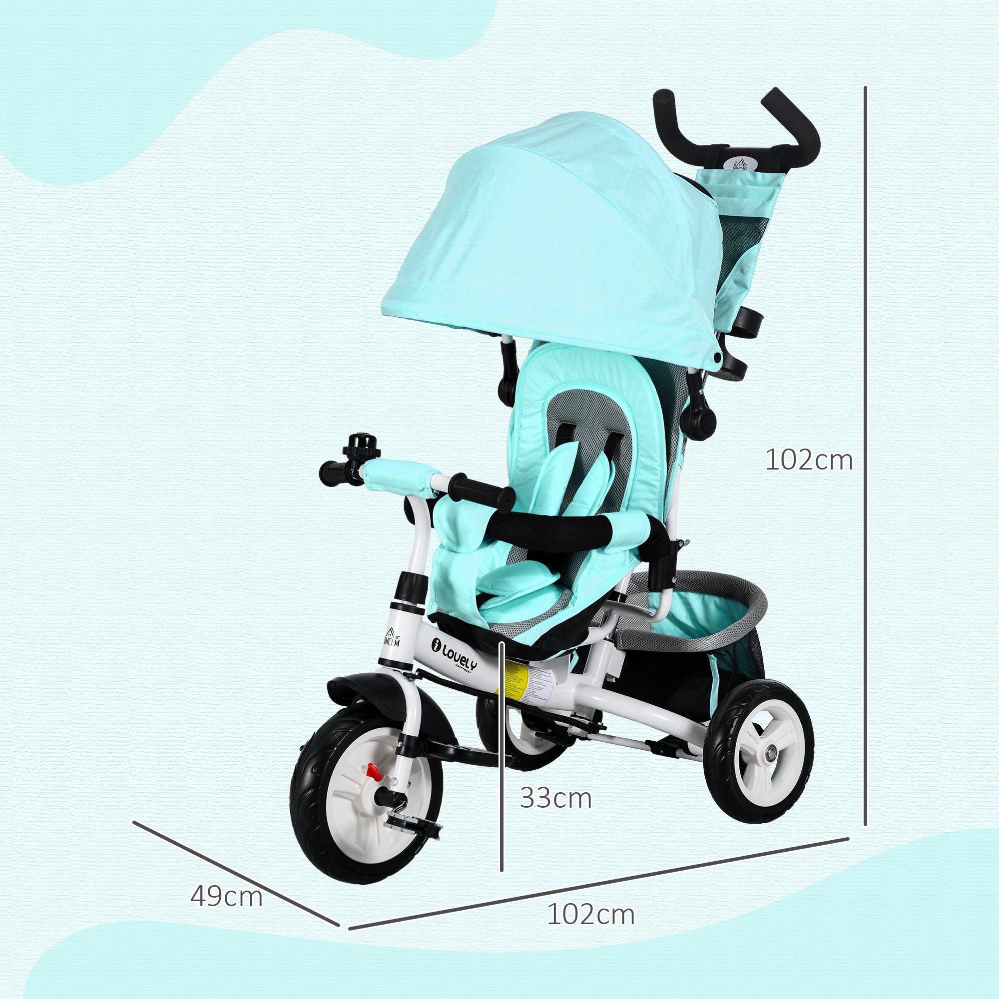 HOMCOM 4 in 1 Kids Trike Push Bike w/ Push Handle, Canopy, 5-point Safety Belt, Storage, Footrest, Brake, for 1-5 Years, Green - anydaydirect