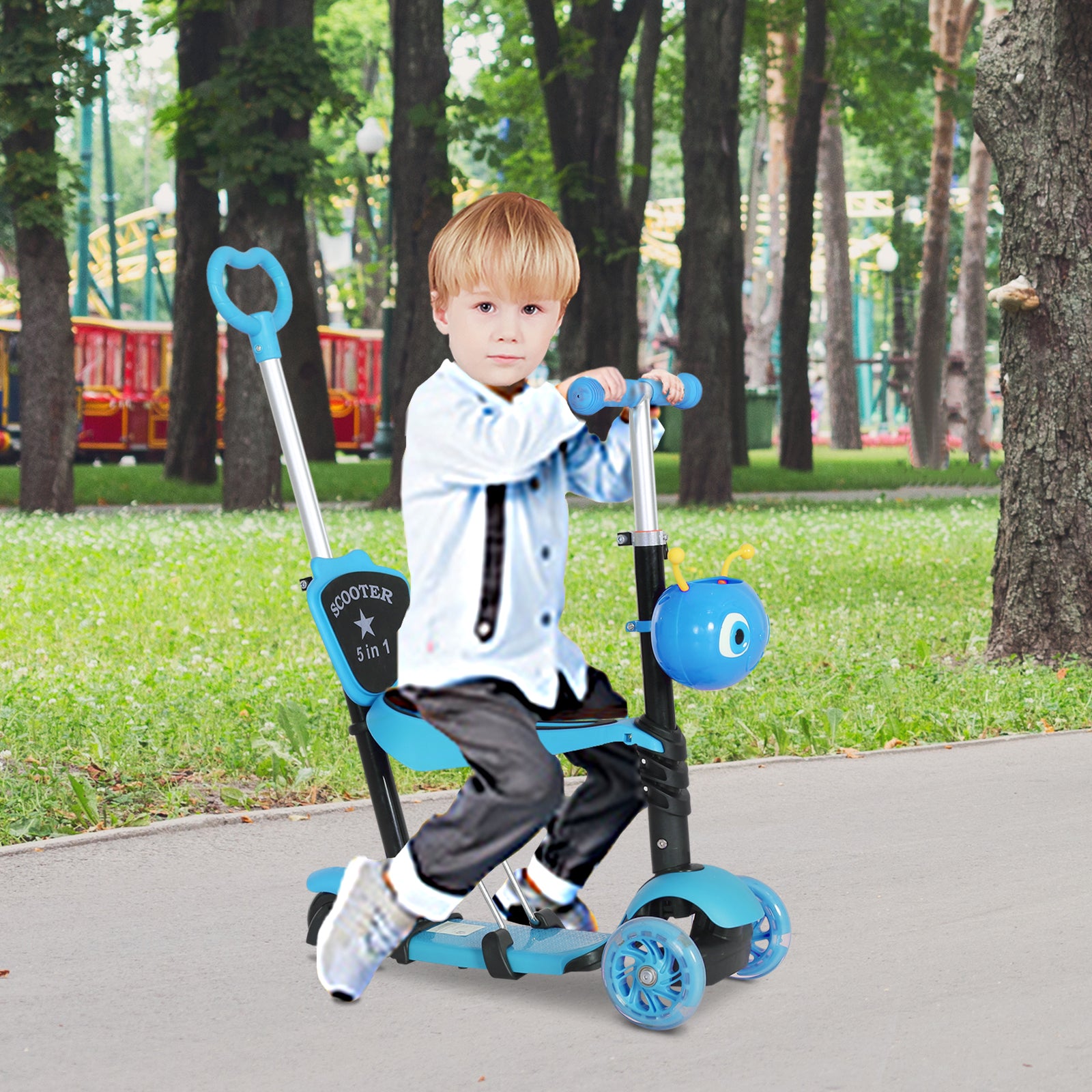 HOMCOM 5-in-1 Kids Toddler 3 Wheels Mini Kick Scooter Push Walker with Removable Seat & Back Rest for Girls and Boys Blue - anydaydirect