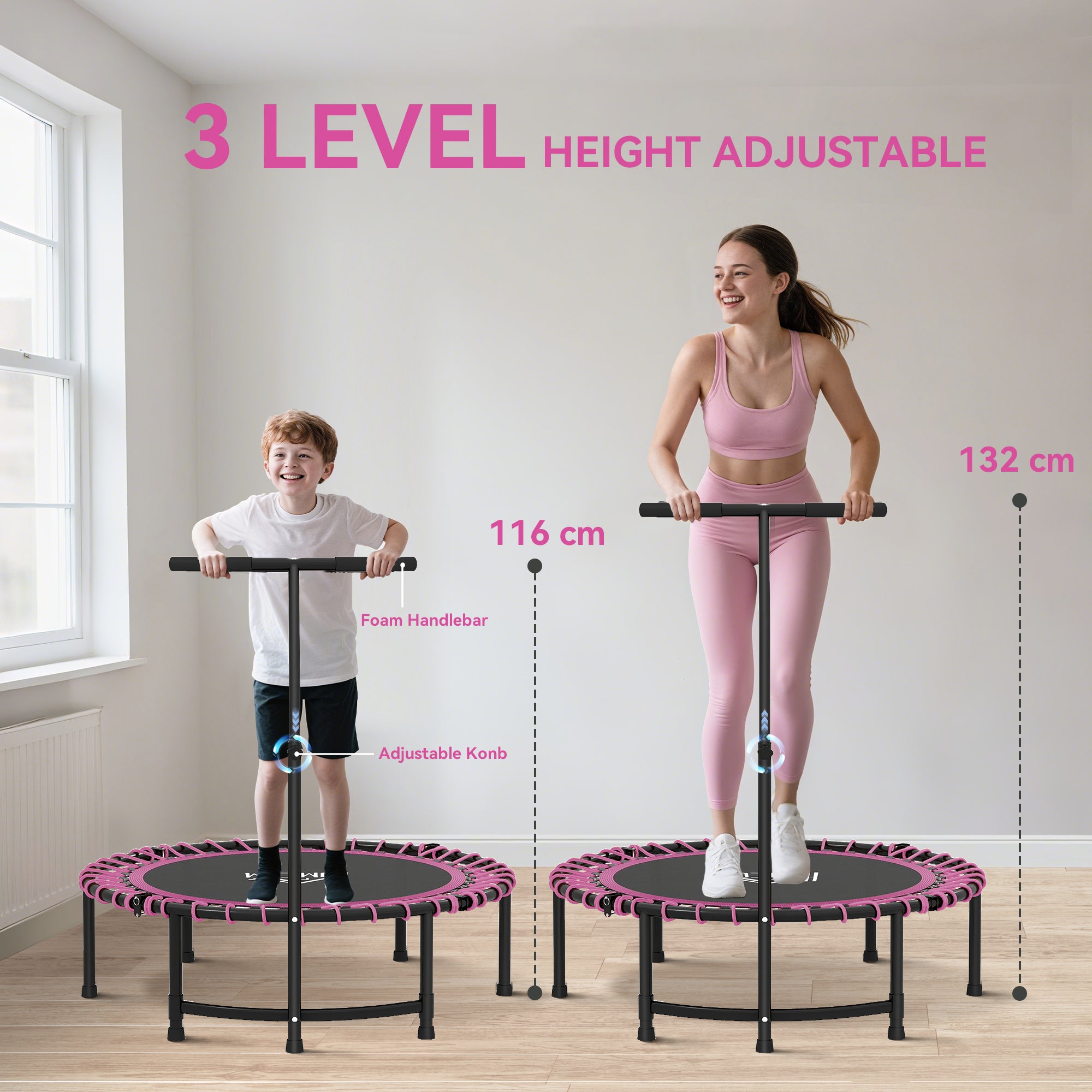 HOMCOM Mini Round Steel Frame Trampoline w/ Adjustable Handle, Pink - anydaydirect
