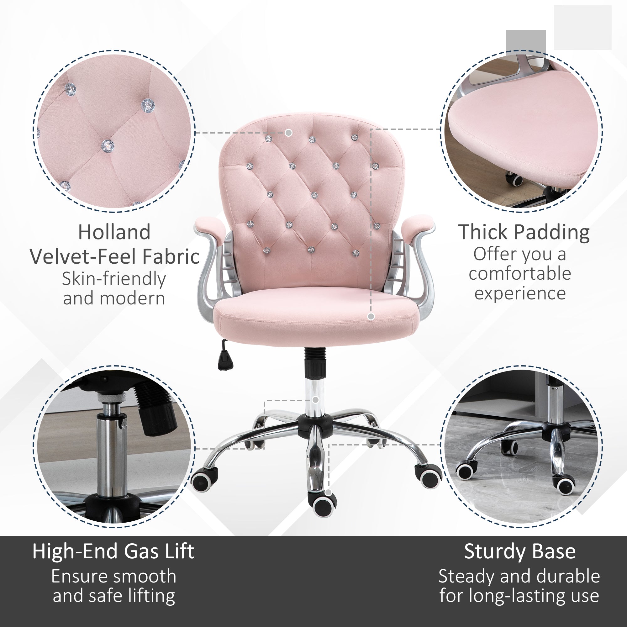 Vinsetto Office Chair, Swivel Desk Chair, Velvet Vanity Chair with Adjustable Height and Rolling Wheels for Home Work Study, Pink - anydaydirect