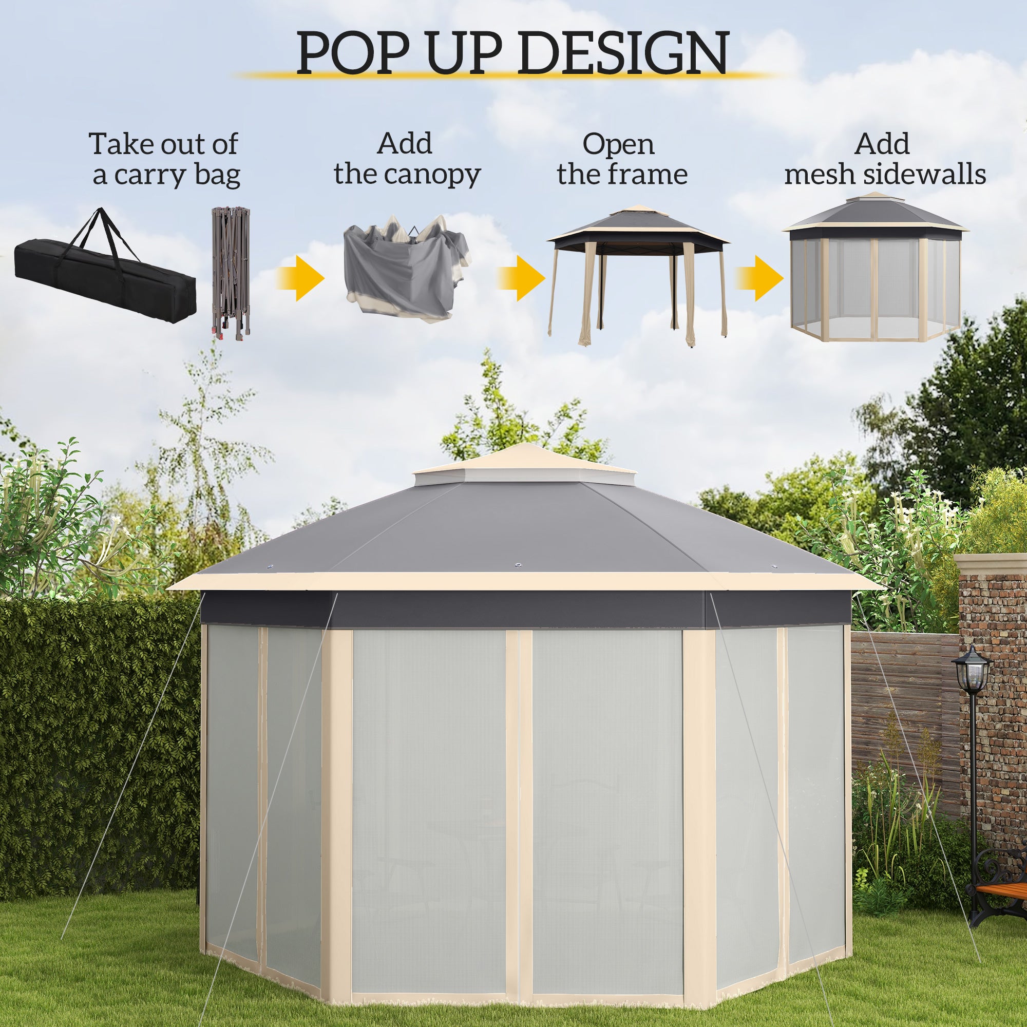 Outsunny Hexagon Pop Up Gazebo Outdoor Patio Gazebo Double Roof Instant Shelter with Netting, 3 x 4m, Khaki - anydaydirect