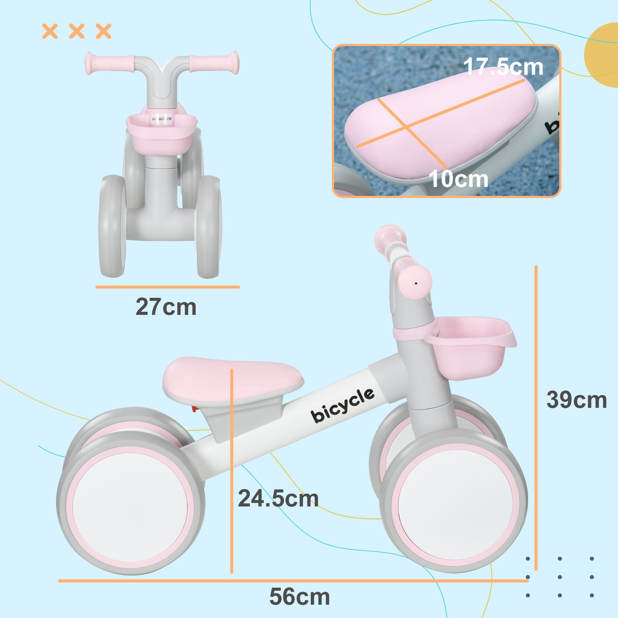 AIYAPLAY Kids Balance Bike for 1-3 Years Old with Adjustable Seat, Silent Wheels, Pink - anydaydirect