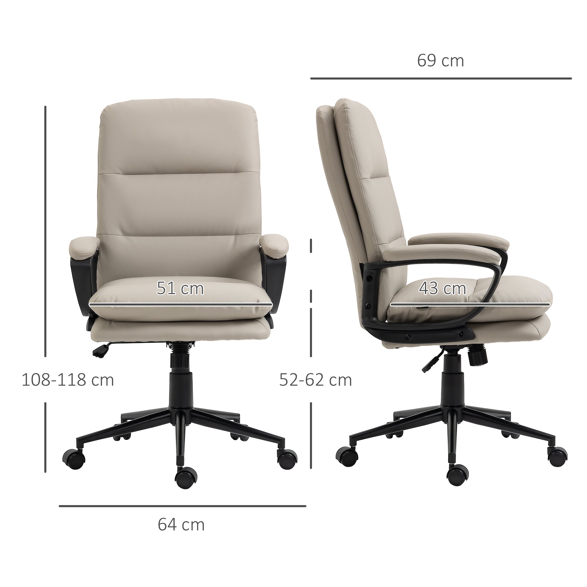 Vinsetto Office Chair, PU Leather Computer Desk Chair Office Chair with Adjustable Height and Swivel Rolling Wheels for Work Study, Light Grey - anydaydirect