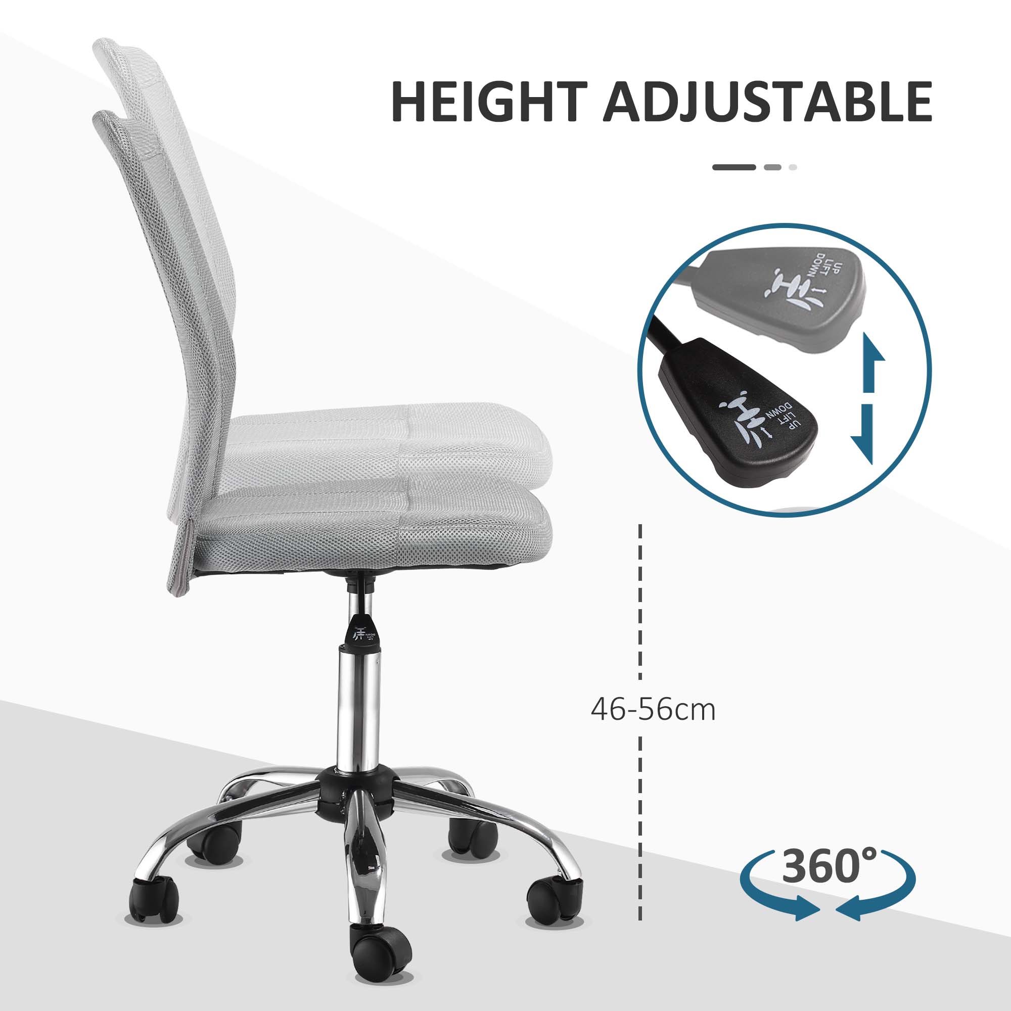 Vinsetto Office Chair, Armless Desk Chair, Adjustable Computer Swivel Chair with Rolling Wheels and Mesh Back for Home Work Study, Grey - anydaydirect