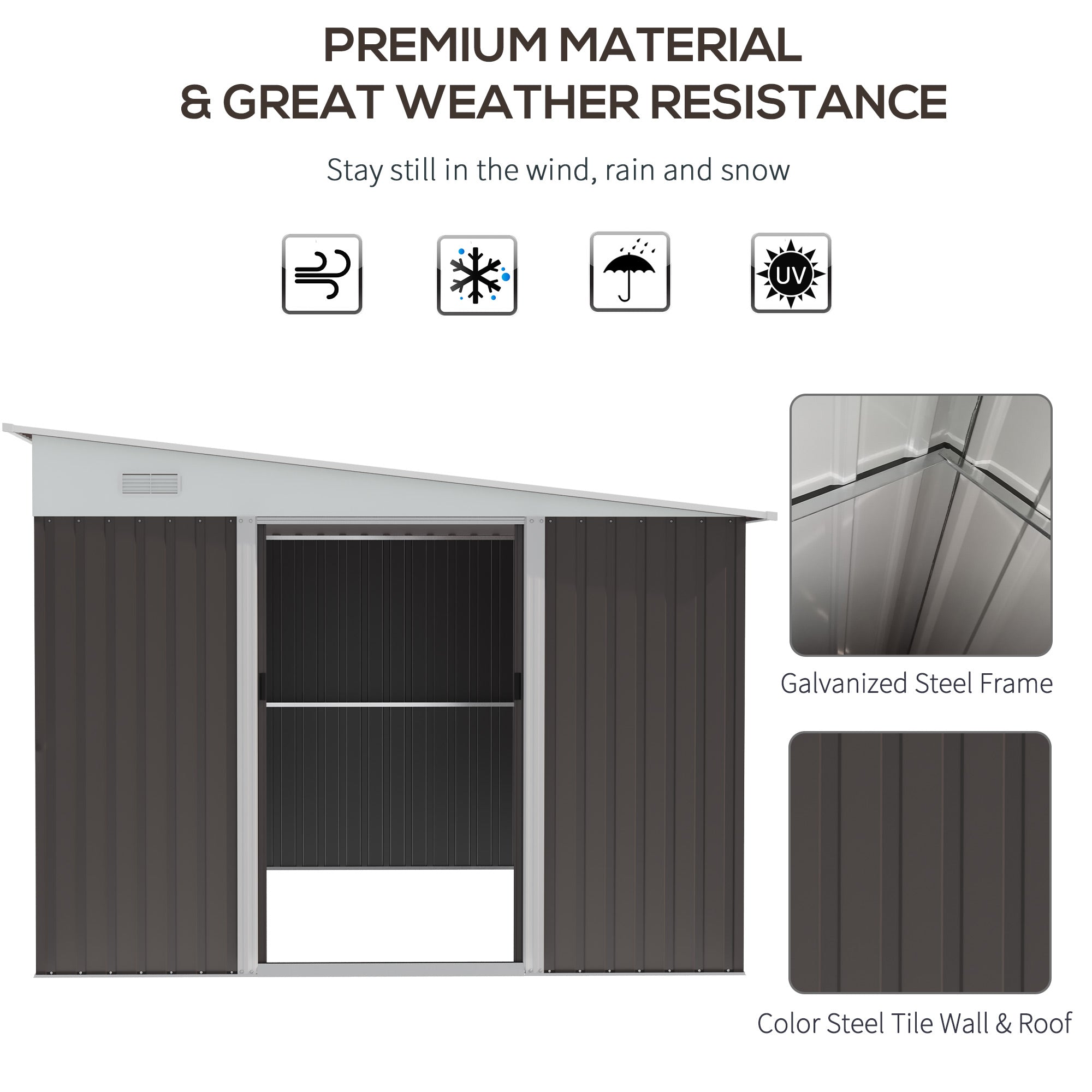 Outsunny 11 x 9 ft Metal Garden Storage Shed Sloped roof Tool House with Double Sliding Doors and 2 Air Vents, Grey - anydaydirect