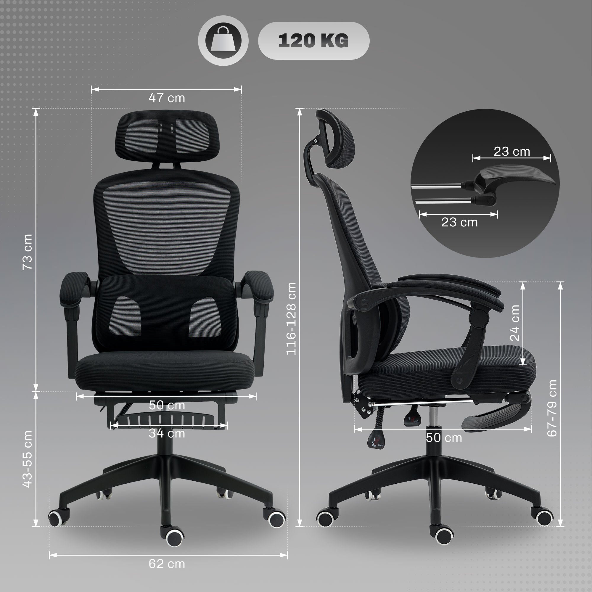 HOMCOM Ergonomic Office Chair, Mesh High Back Desk Chair with Adjustable Lumbar Support and Headrest, Footrest, Reclining Executive Swivel Computer Chair for Home Study, Black - anydaydirect