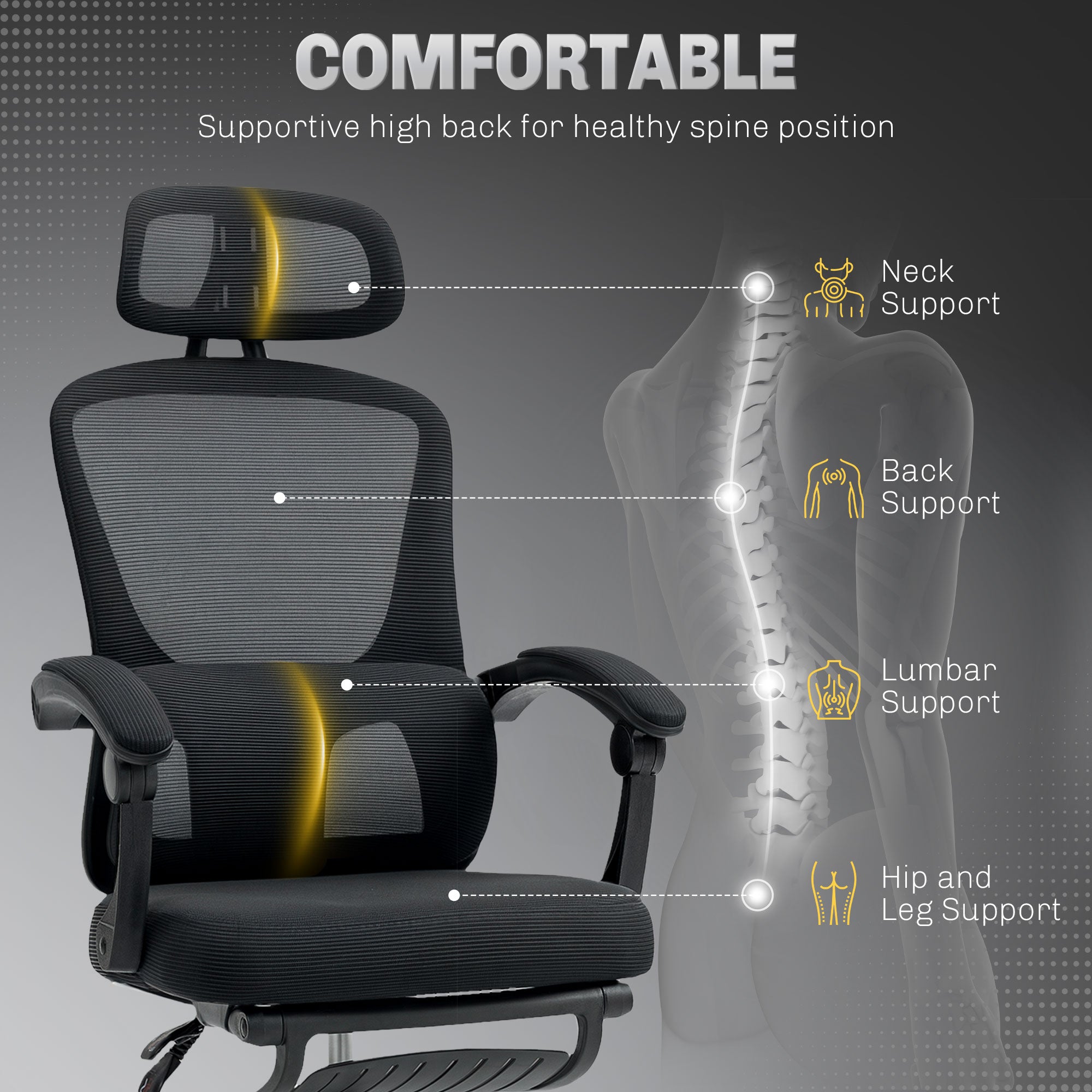 HOMCOM Ergonomic Office Chair, Mesh High Back Desk Chair with Adjustable Lumbar Support and Headrest, Footrest, Reclining Executive Swivel Computer Chair for Home Study, Black - anydaydirect