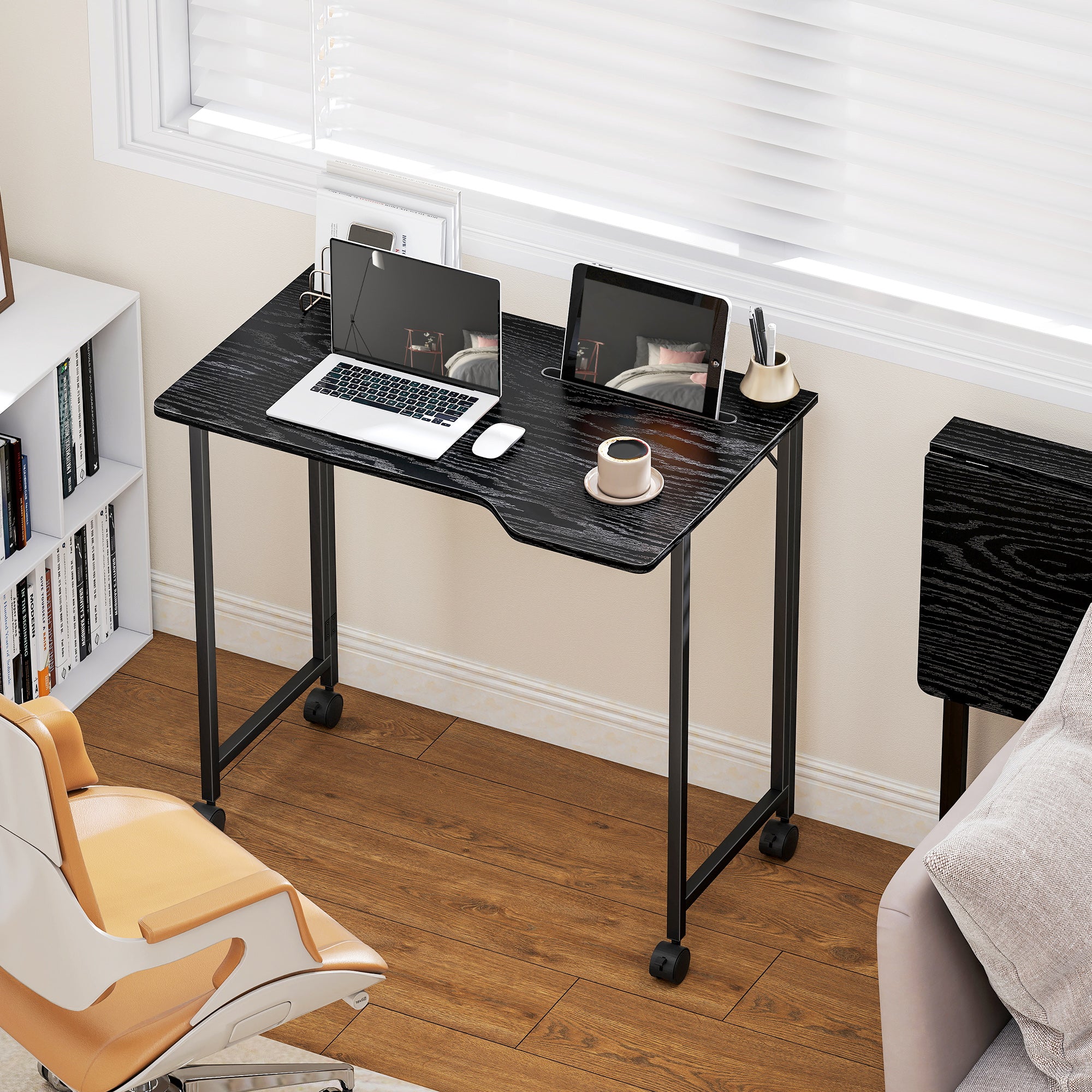 HOMCOM Folding Small Desk on Wheels - Black Wood Effect - anydaydirect