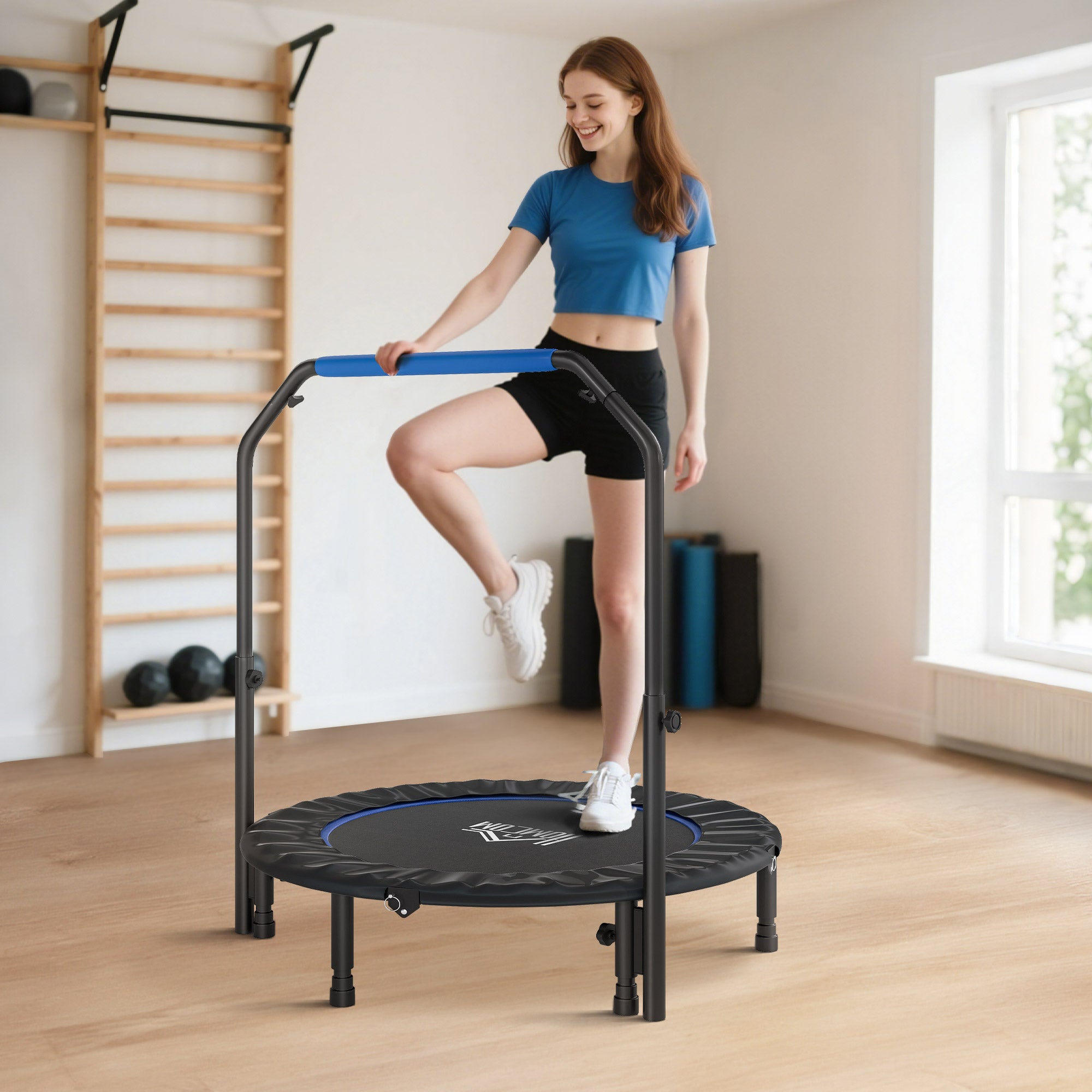HOMCOM 45" Foldable Mini Fitness Trampoline, with Adjustable Foam Handle, Blue - anydaydirect