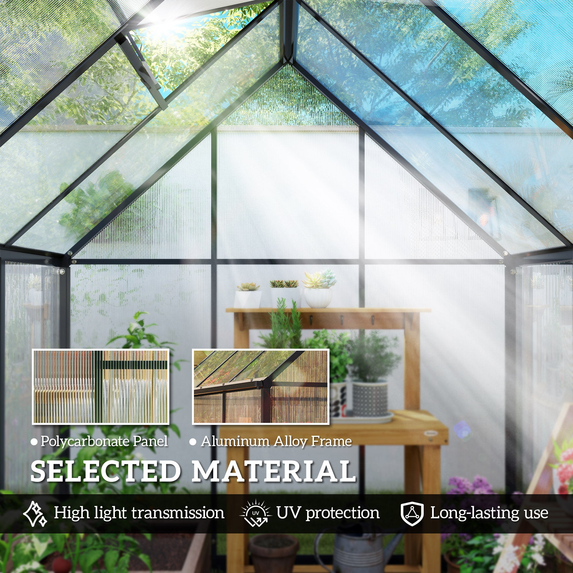 Outsunny Polycarbonate Greenhouse with Swing Door and Adjustable Window, Walk-in Greenhouse with Rain Gutter, 6 x 6.5ft, Black - anydaydirect