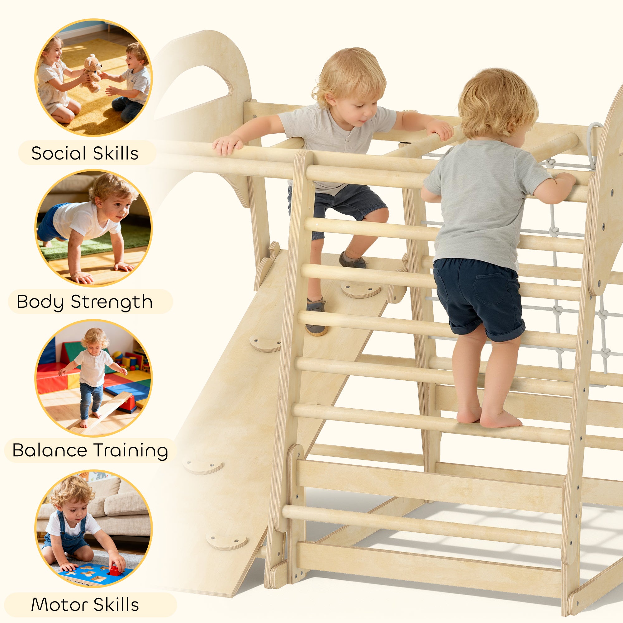AIYAPLAY 6 in 1 Kids Climbing Frame with Slide, Monkey Bars, Gymnastics Rings, Ladder, Climbing Net, for 3-6 Years, Natural Tone - anydaydirect