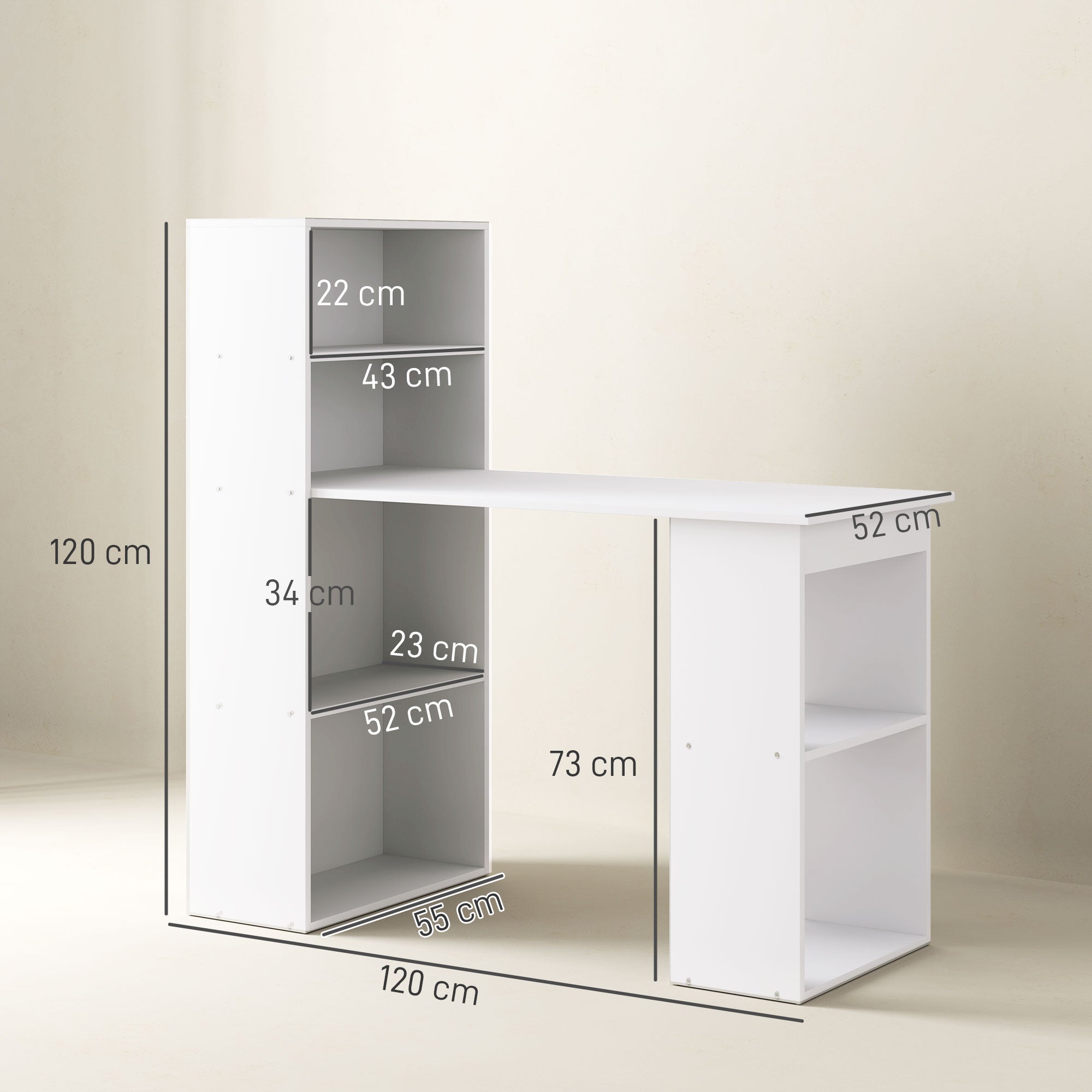 HOMCOM 120cm Modern Computer Desk Bookshelf Study Table Workstation PC Laptop Writing Home Office 6 Shelves, White - anydaydirect