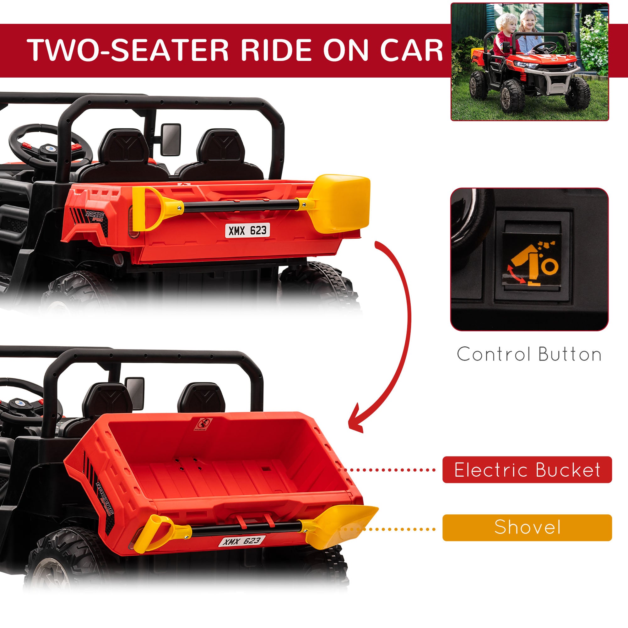 HOMCOM 12V Two-Seater Kids Electric Ride-On Car, with Electric Bucket, Remote Control - Red - anydaydirect