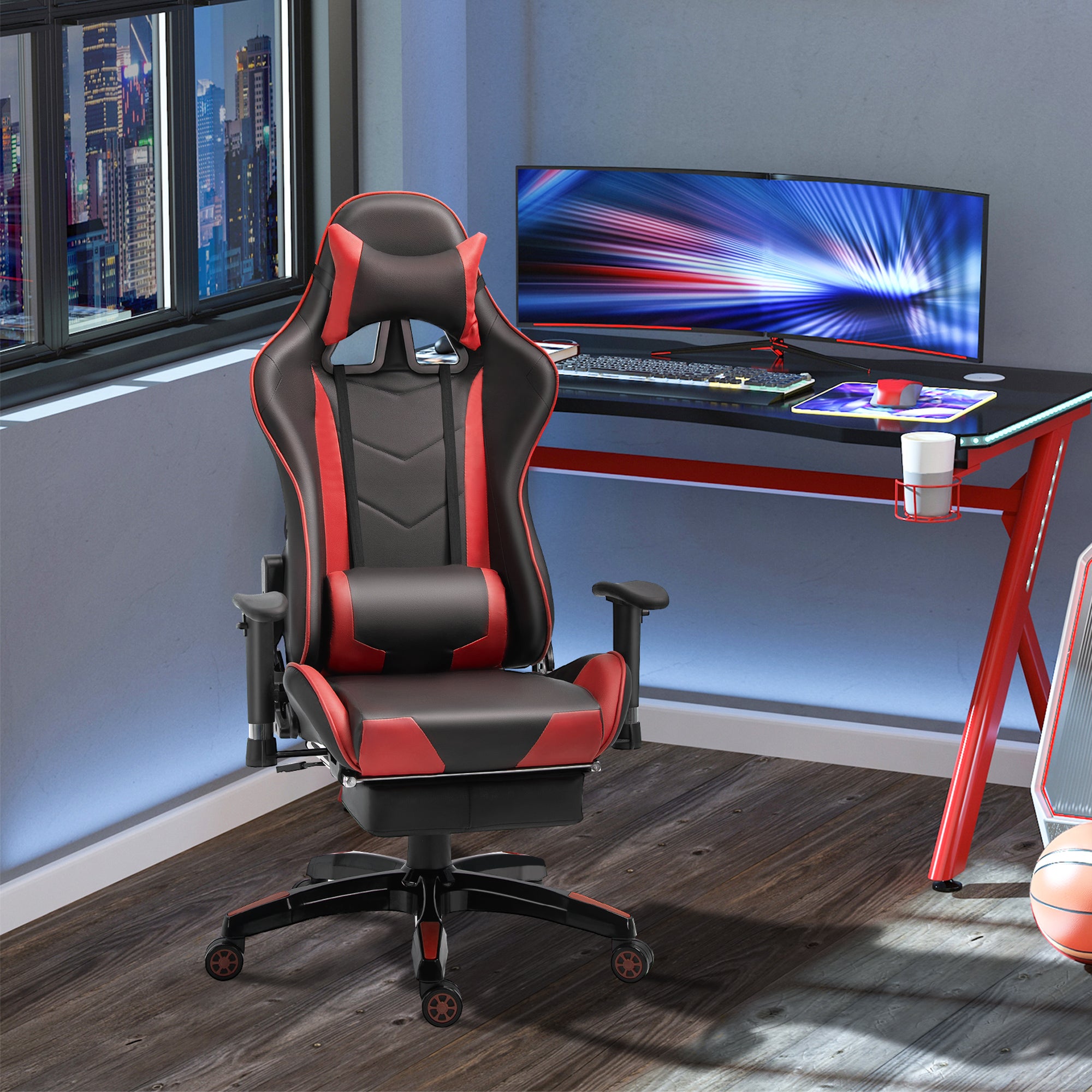 HOMCOM High-Back Gaming Chair Swivel Home Office Computer Racing Gamer Recliner Chair Faux Leather with Footrest, Wheels, Red Black - anydaydirect