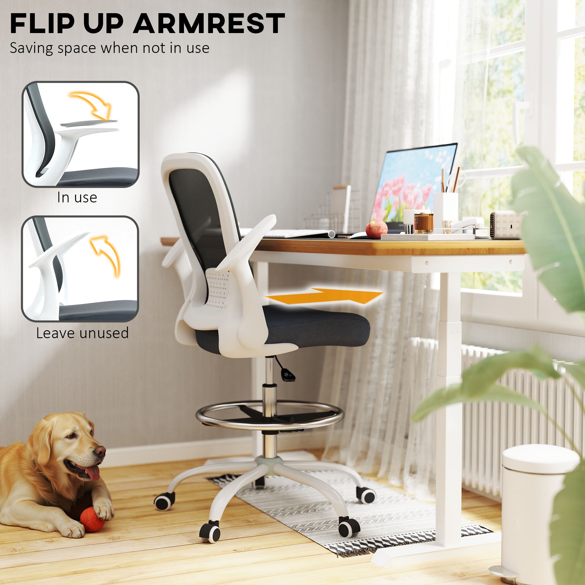 HOMCOM Draughtsman Chair, Mesh Drafting Chair, Ergonomic Office Chair with Flip-up Armrest, Adjustable Foot Ring, Grey - anydaydirect