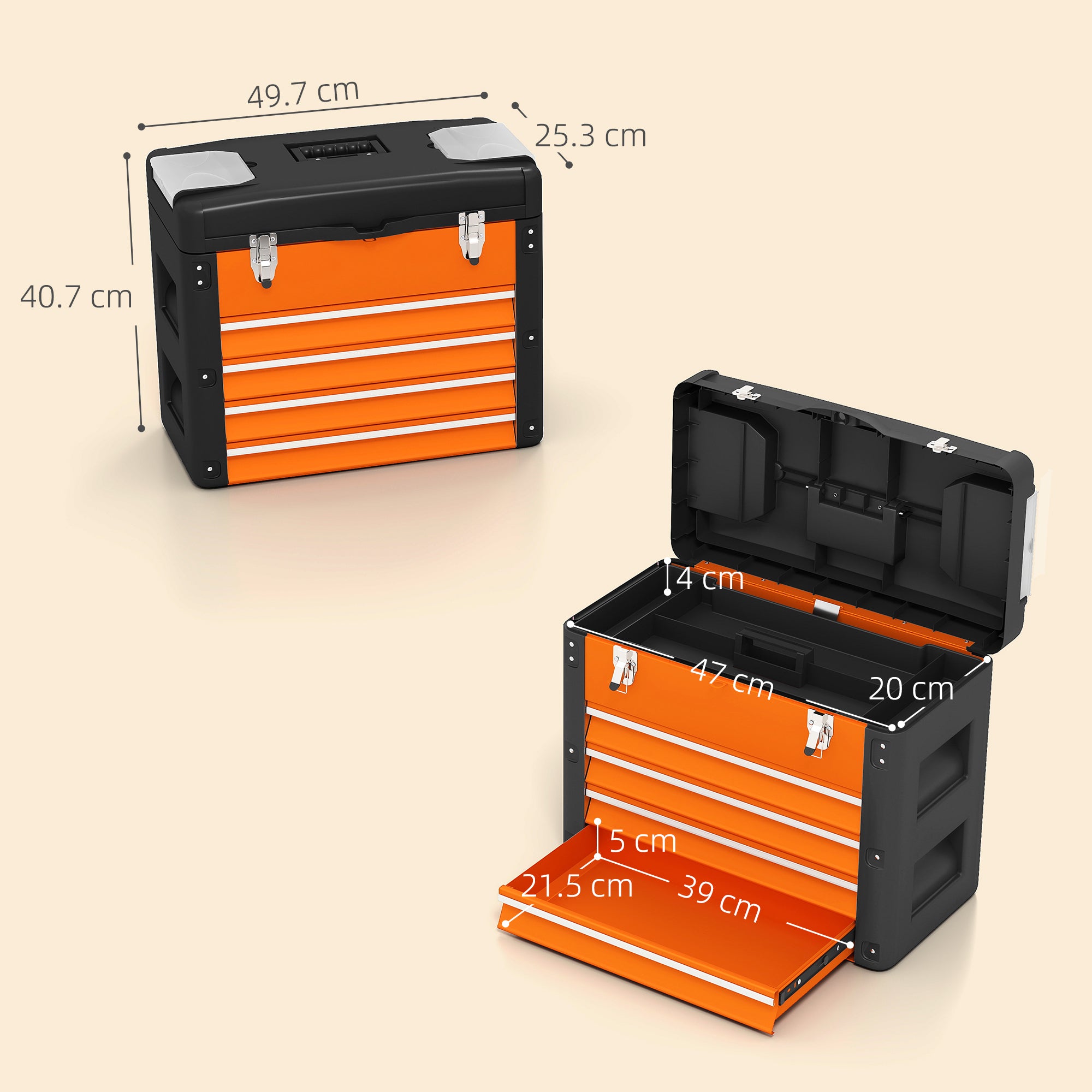 HOMCOM 4 Drawers Large Toolbox - Orange - anydaydirect
