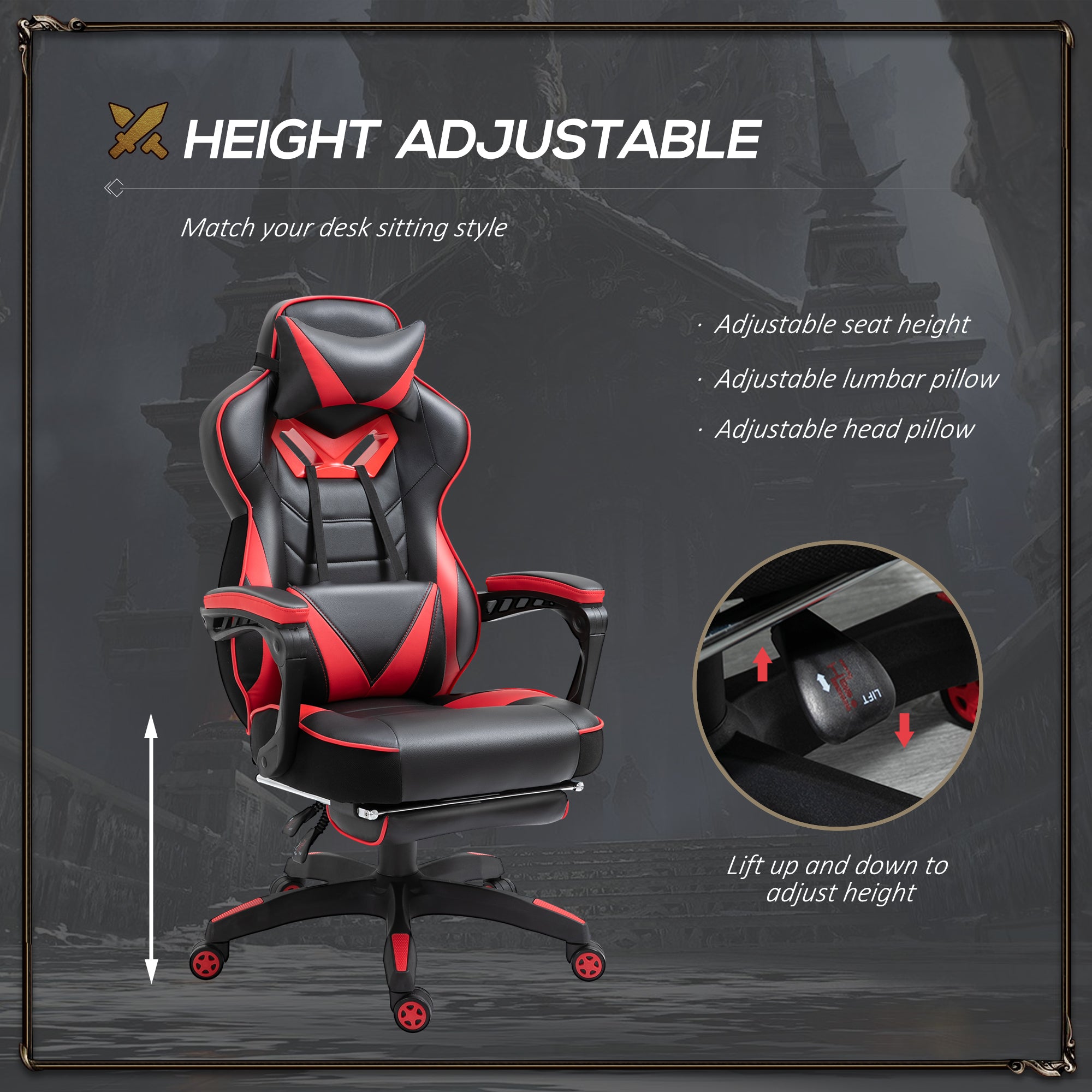 Vinsetto Computer Gaming Chair, Racing Desk Chair with Lumbar Support and Footrest, PU Leather Gamer Chair with Headrest and Swivel Wheels for Home, Red - anydaydirect