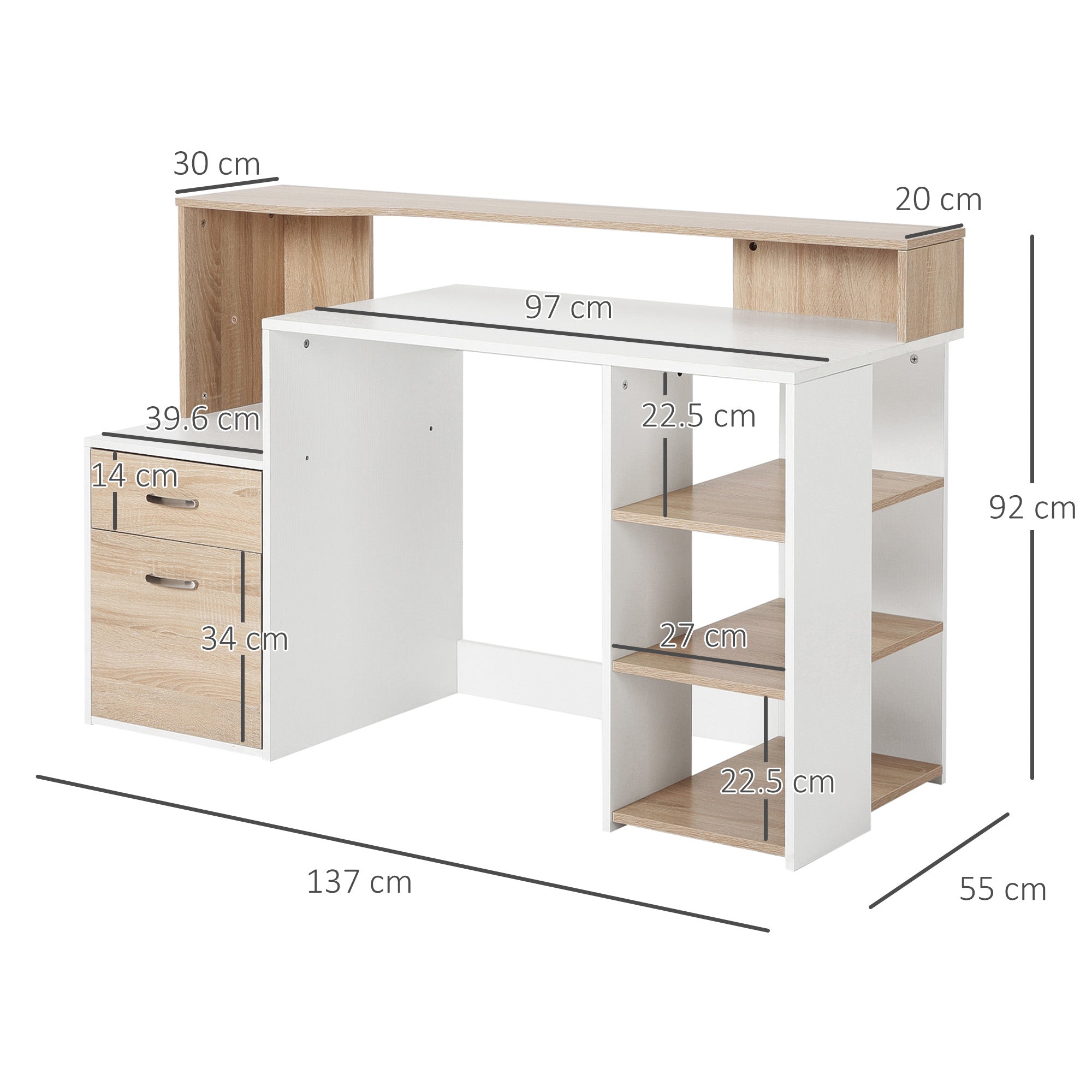 HOMCOM Computer Desk with Drawers and Storage Shelves, Reception Desk, Study Workstation for Home Office, 137 x 55 x 92cm, Oak and White - anydaydirect