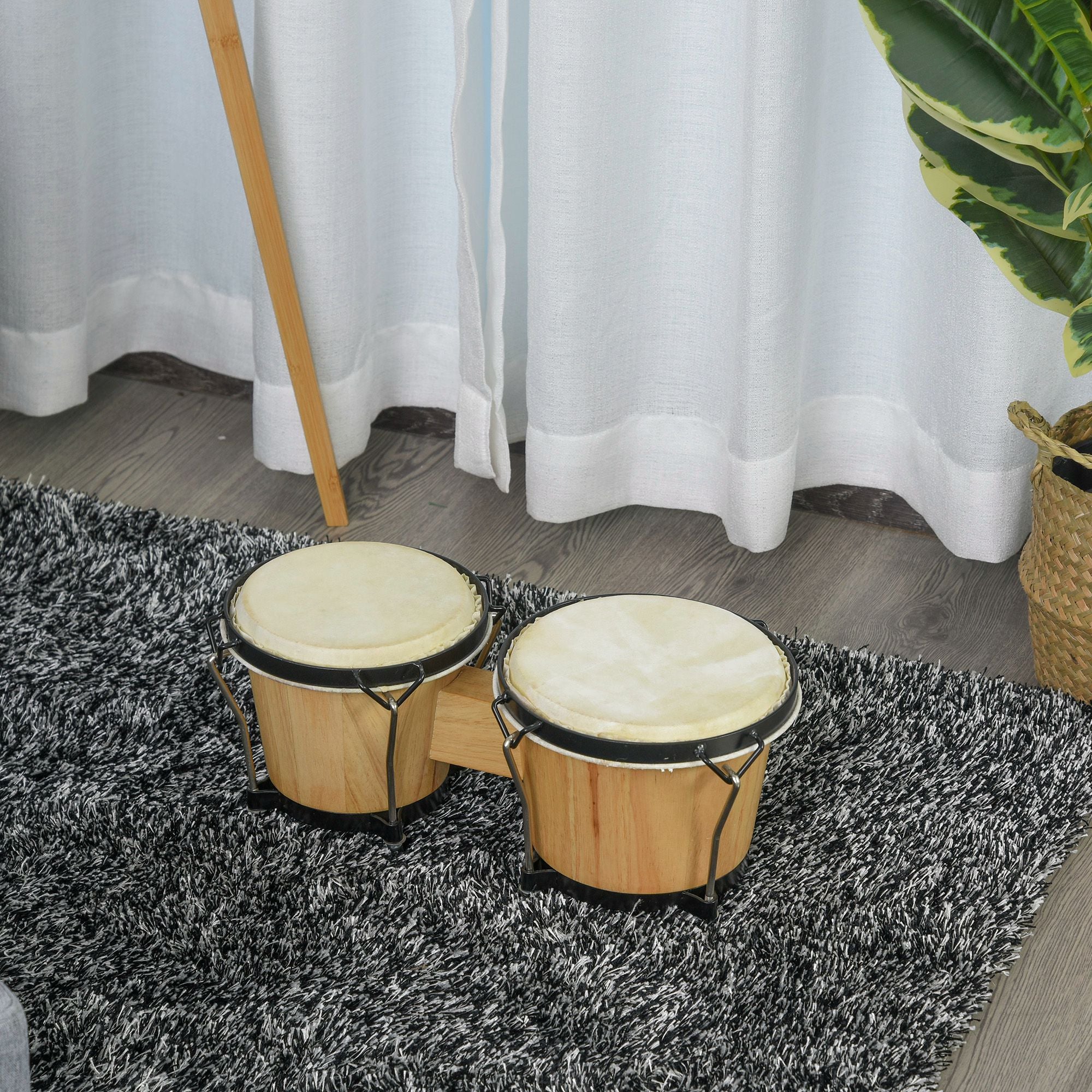 HOMCOM Wooden Bongo Drum Set ?7.75" & ?7" w/ Drum Head, Percussion Instrument, Drums, Tuning Wrench For Adults Beginners - anydaydirect