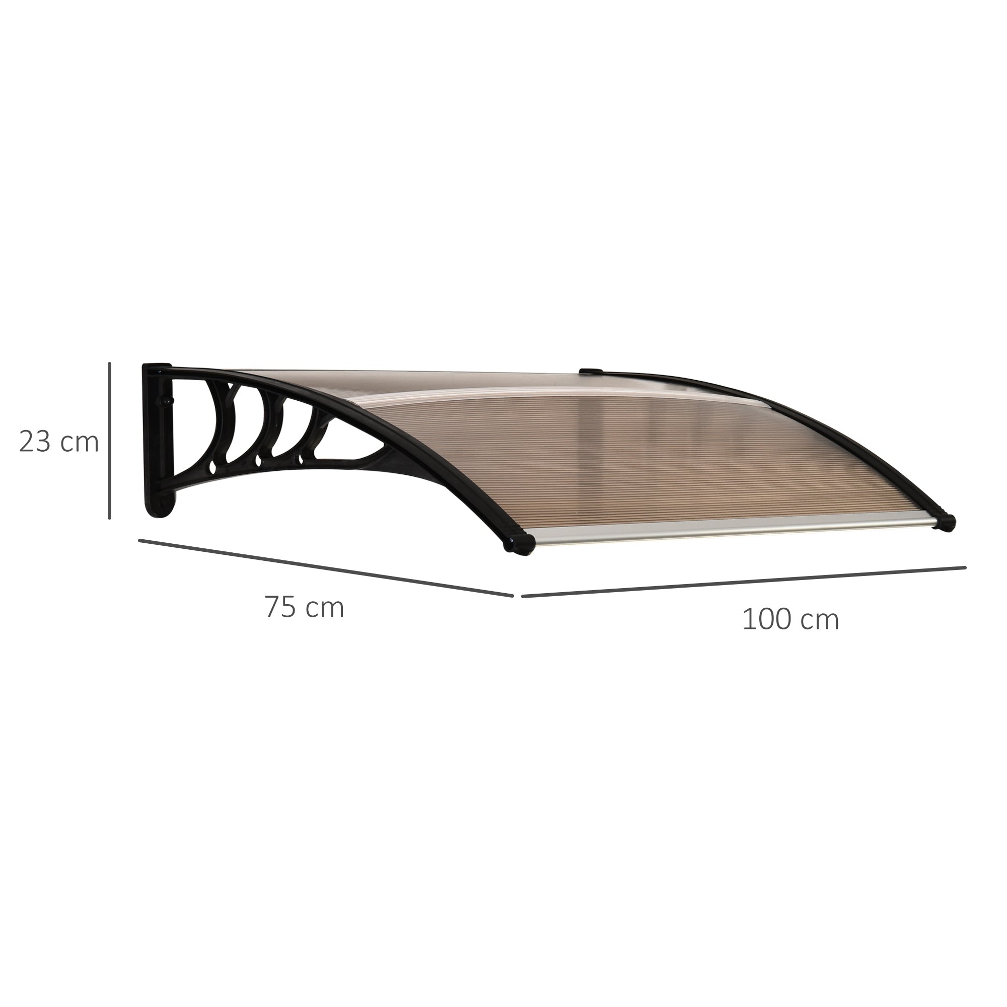 Outsunny Curved Window Door Canopy Aluminium Rigid Plastic Polycarbonate Fixed Outdoor Awning Modern Design UV Water Rain Resist 100 x 75cm Brown - anydaydirect