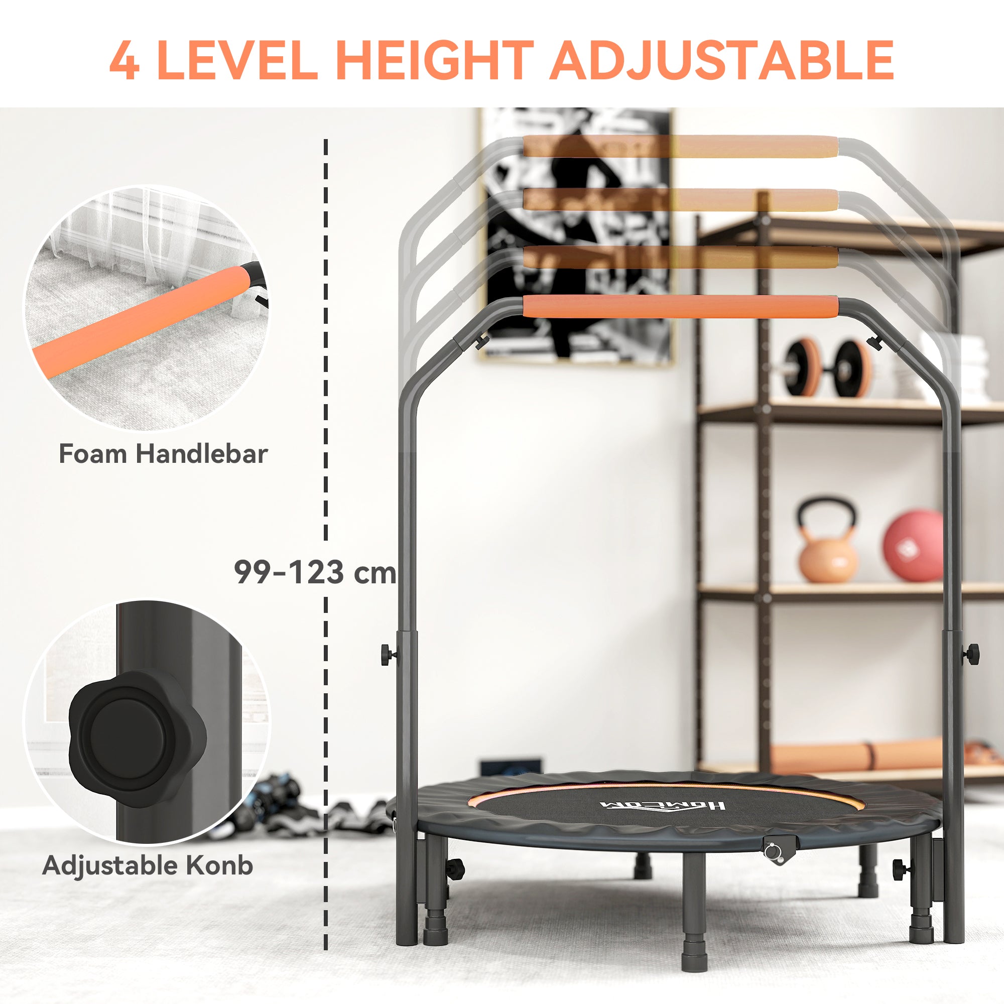 HOMCOM 45" Foldable Mini Fitness Trampoline, with Adjustable Foam Handle, Orange - anydaydirect