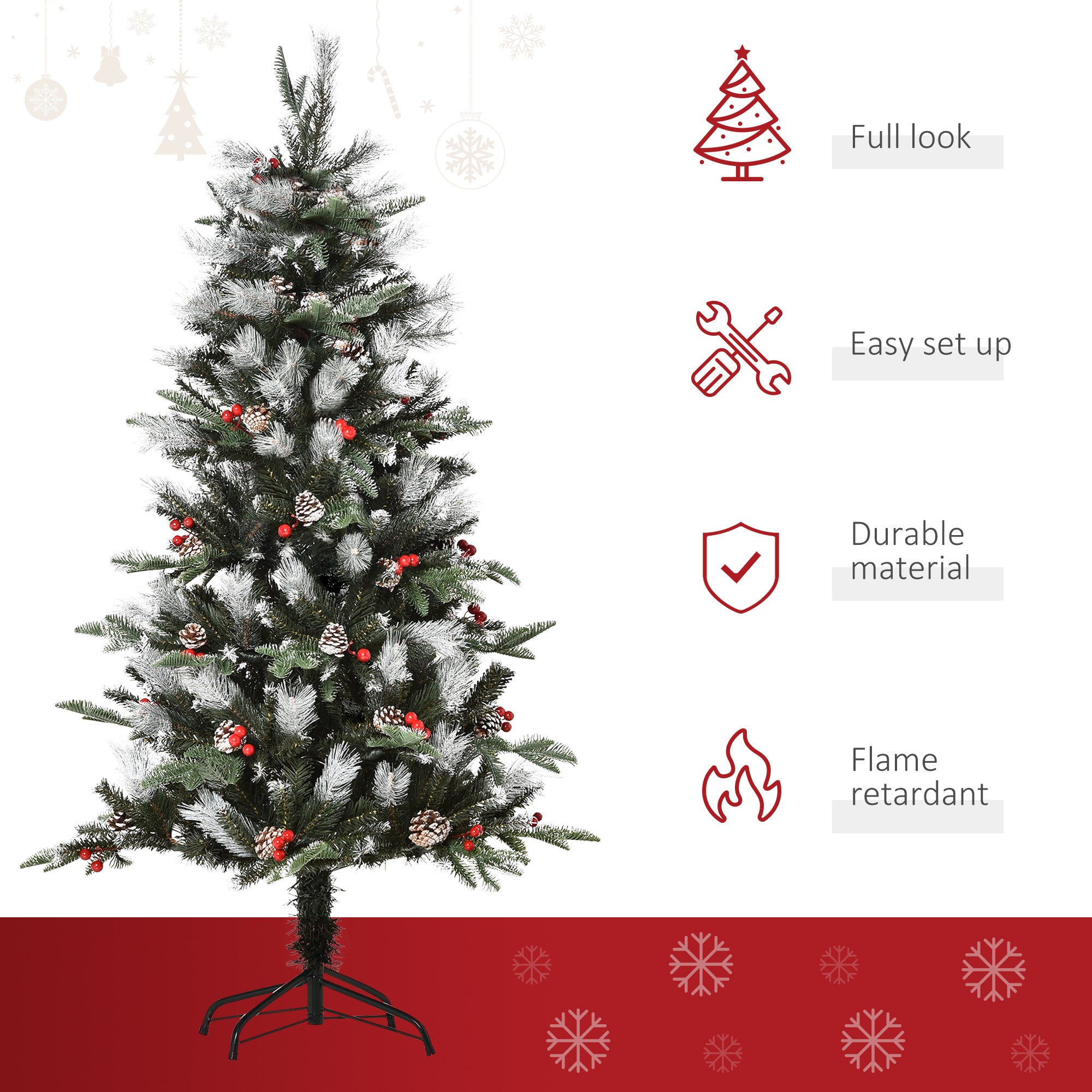 HOMCOM 5FT Artificial Snow Dipped Christmas Tree Xmas Pencil Tree Holiday Home Party Decoration w/ Foldable Feet Berries Pinecones, Green - anydaydirect