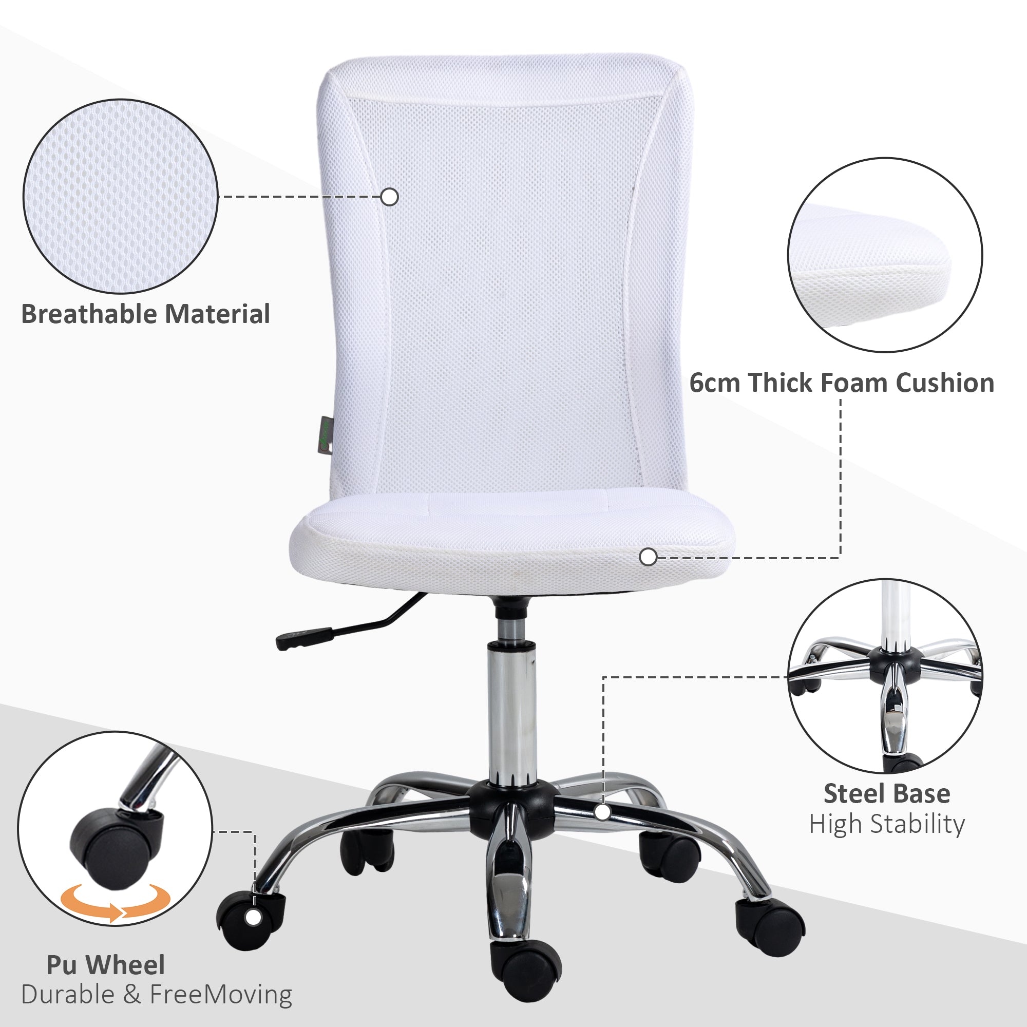 Vinsetto Computer Desk Chair, Mesh Office Chair with Adjustable Height and Swivel Wheels, Armless Study Chair, White - anydaydirect