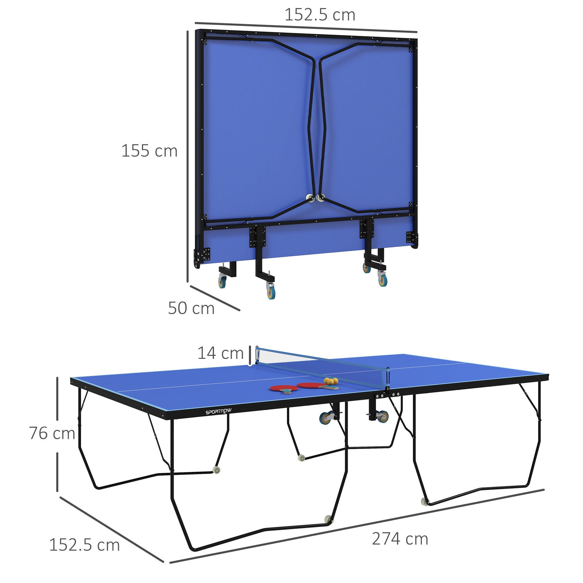 SPORTNOW 9FT Folding Tennis Table, with 8 Wheels, for Indoor Use, Blue - anydaydirect