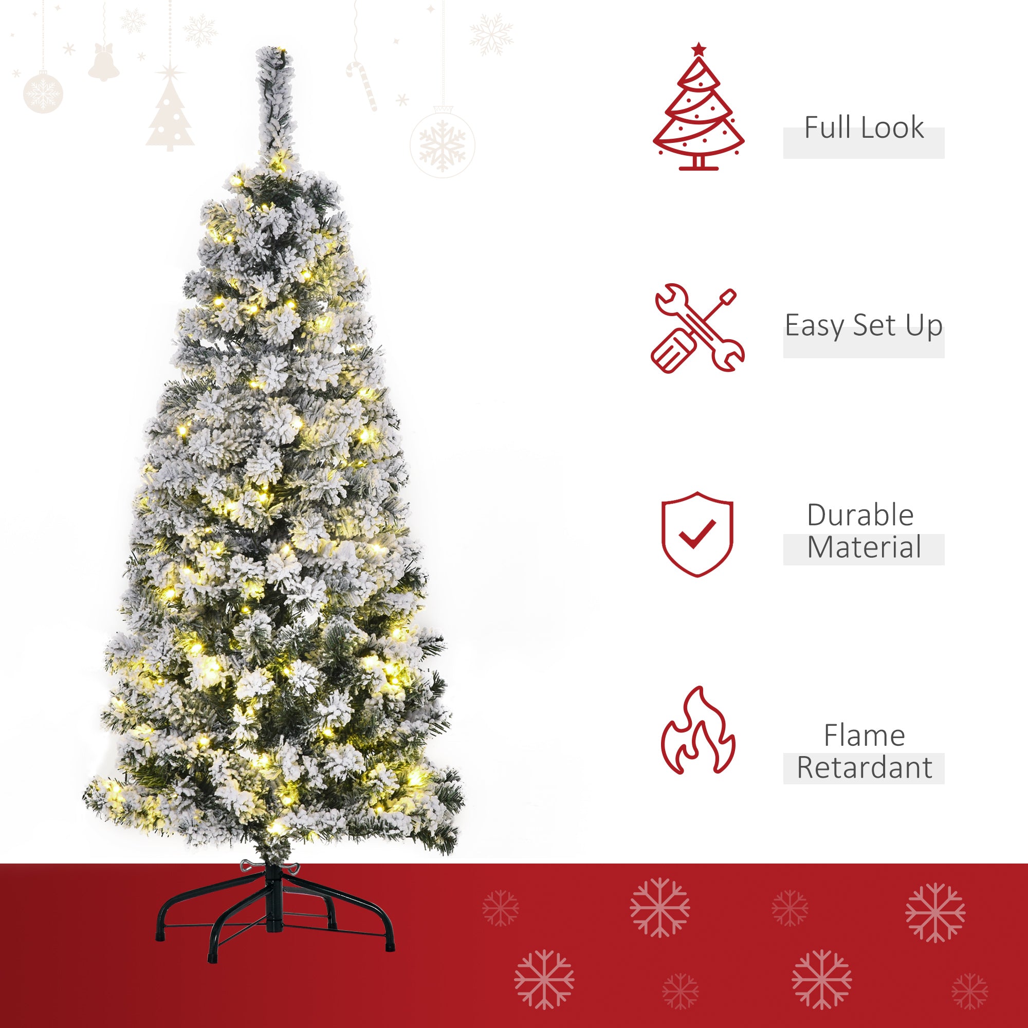 HOMCOM 4ft Prelit Artificial Snow Flocked Christmas Tree with Warm White LED Light, Holiday Home Xmas Decoration, Green White - anydaydirect