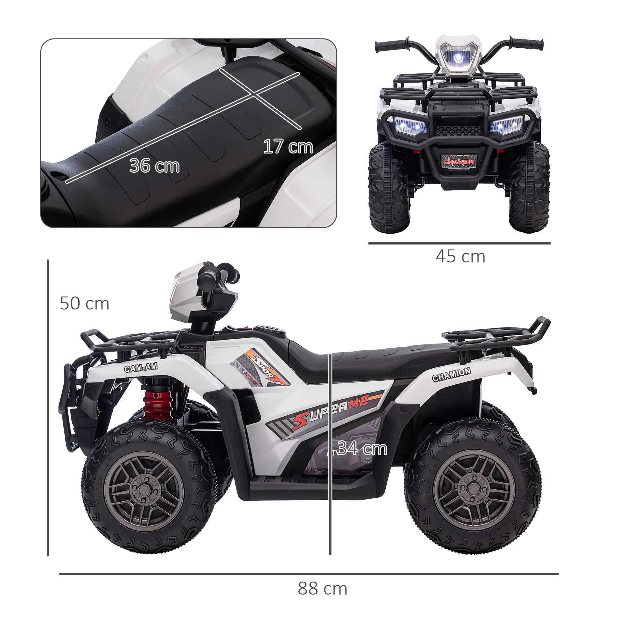 HOMCOM 12V Kids Quad Bike with Forward Reverse Functions, Electric Ride On ATV with Music, LED Headlights, for Ages 3-5 Years - White - anydaydirect