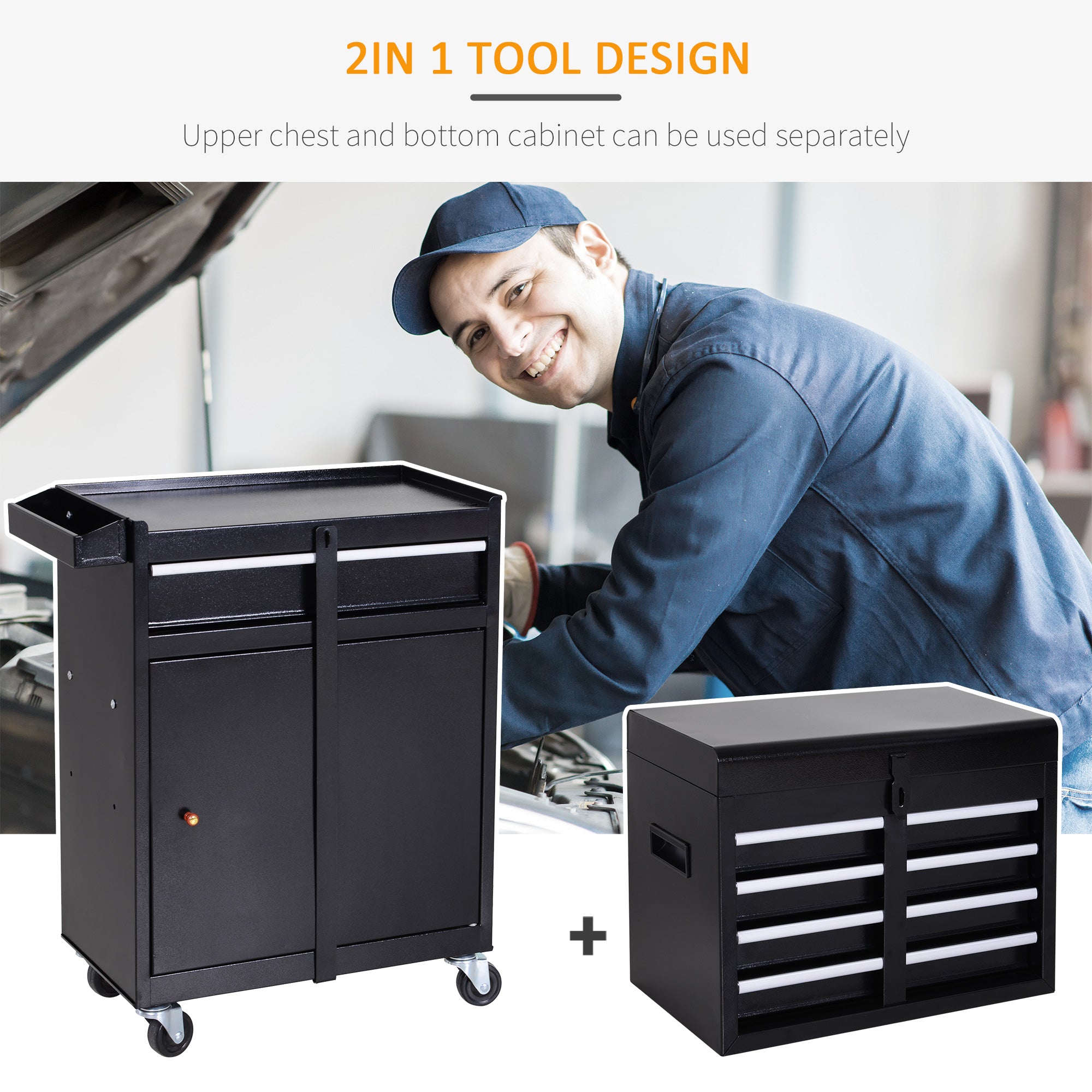 DURHAND Tool Chest 2 in 1 Metal Tool Cabinet Storage Box with 5 Drawers Pegboard Wheels 60x28x104.5cm Black - anydaydirect
