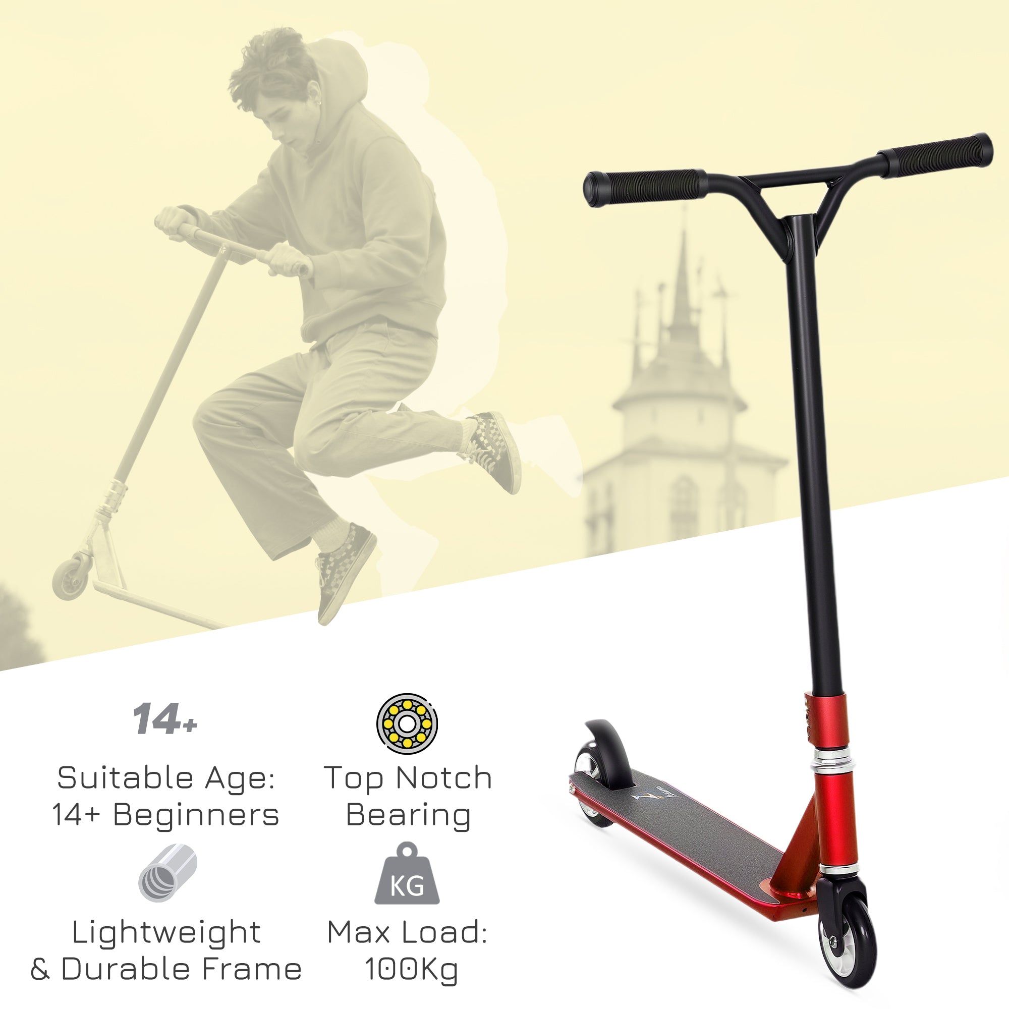 HOMCOM Stunt Scooter, 360° Entry Level Tricks Scooter w/ Lightweight Aluminium Deck and ABEC 7 Bearing, For Age 14+ Beginners, Red - anydaydirect