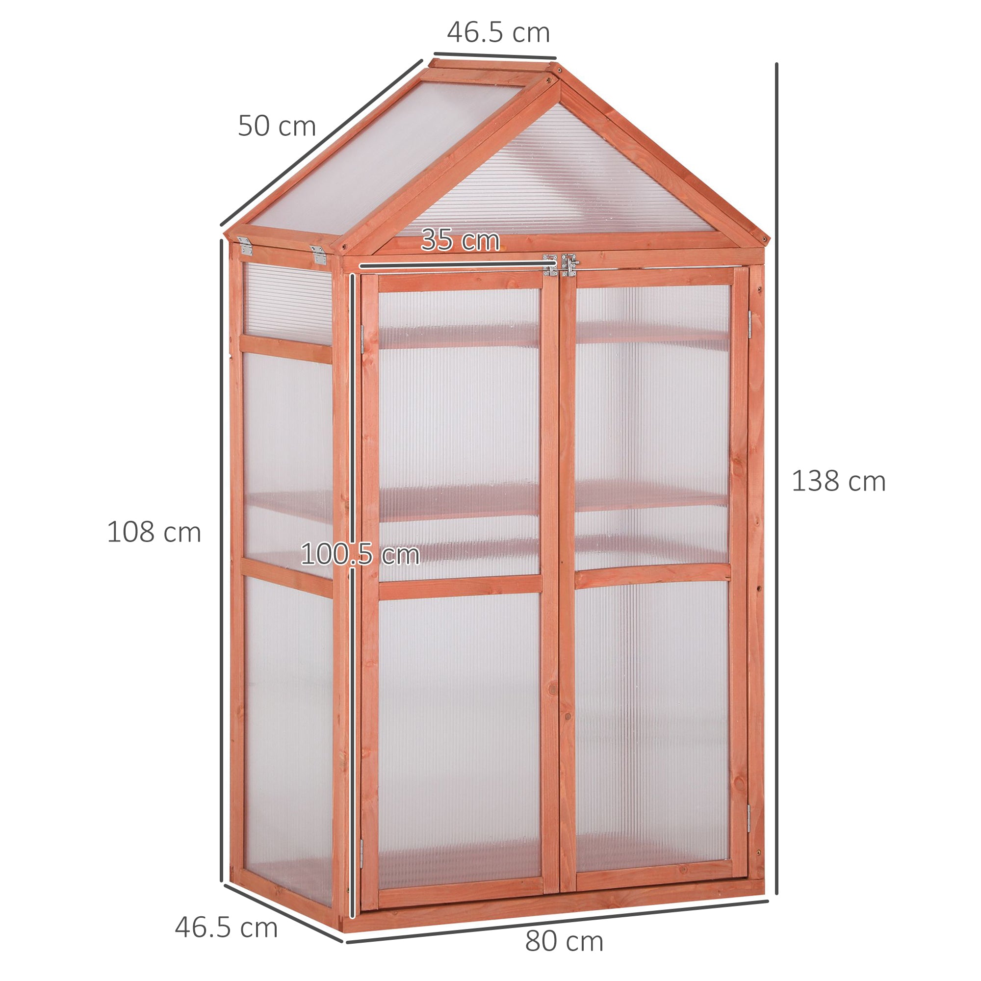 Outsunny Garden Cold Frame Polycarbonate Greenhouse with Adjustable Shelves, Double Doors, Openable Top Covers, Grow House for Flower Vegetable Plants, 80 x 47 x 138cm, Orange - anydaydirect