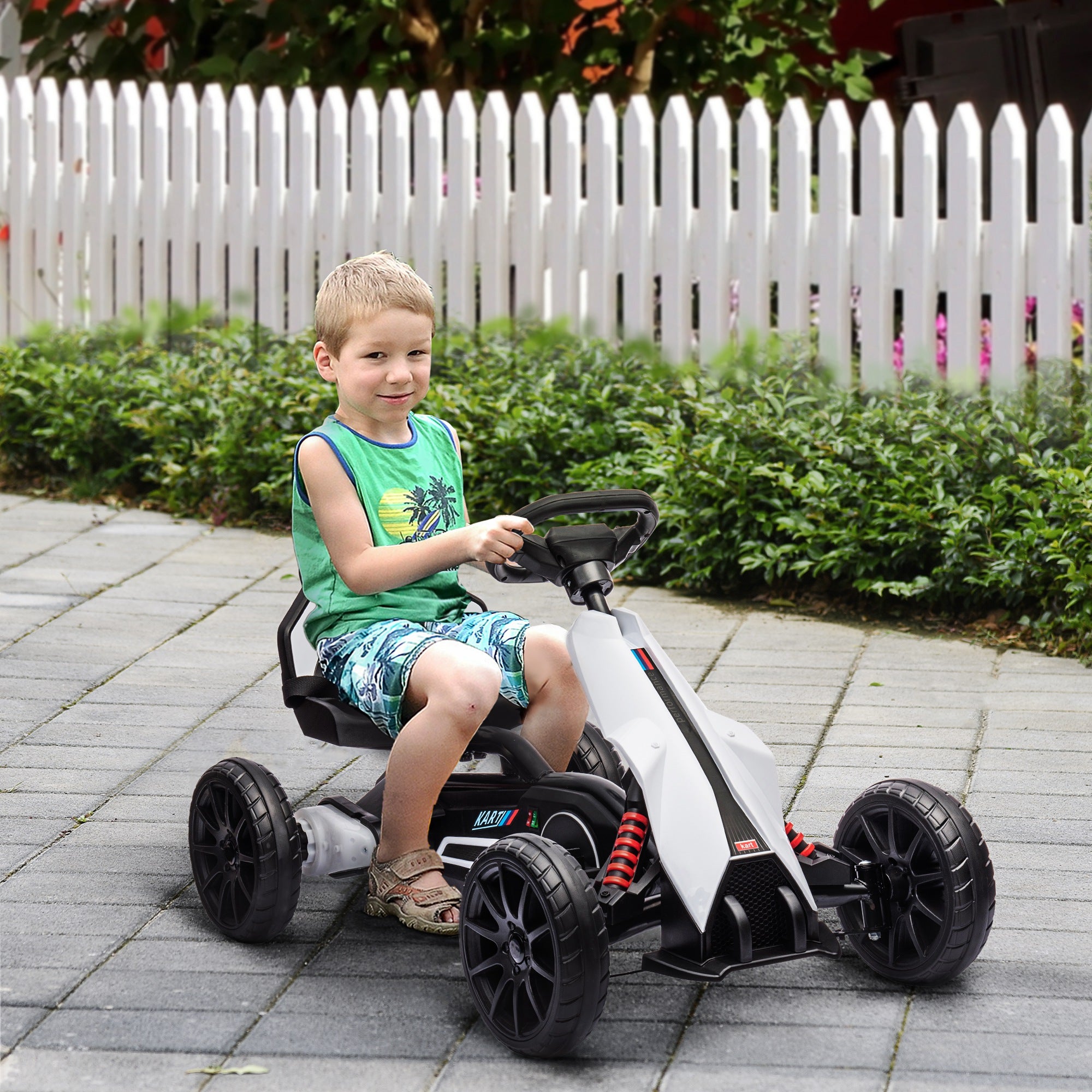HOMCOM 12V Electric Go Kart for Kids, Ride-On Racing Go Kart with Forward Reversing, Rechargeable Battery, 2 Speeds, for Boys Girls Aged 3-8 Years Old - White - anydaydirect