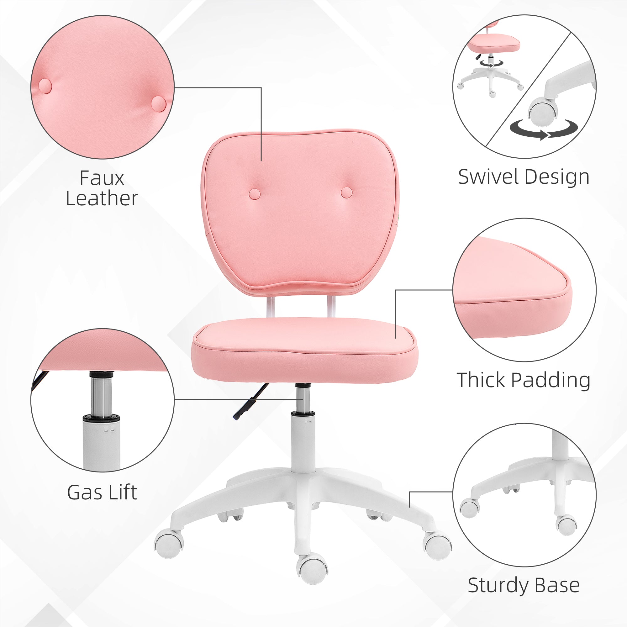 Vinsetto Vanity Office Chair, PU Leather Computer Chair for Home, with Adjustable Height, Armless, Swivel Wheels, Pink - anydaydirect