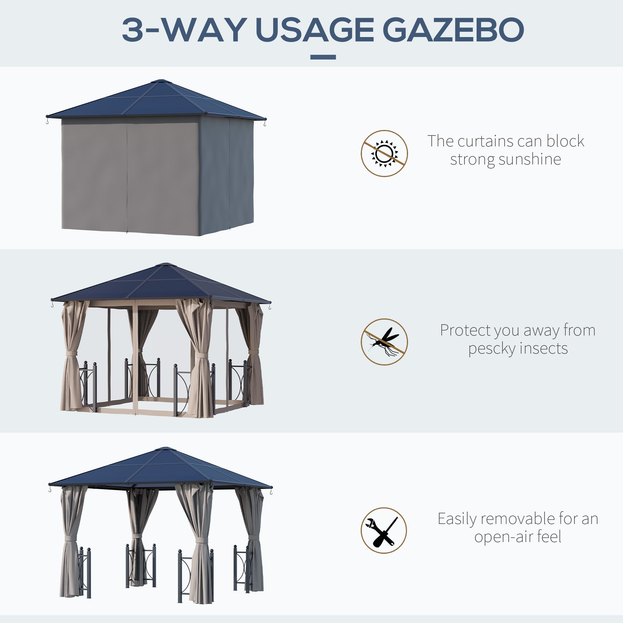 Outsunny 3 x 3(m) Hardtop Gazebo Canopy with Polycarbonate Roof, Steel & Aluminium Frame, Garden Pavilion with Mosquito Netting and Curtains, Black - anydaydirect