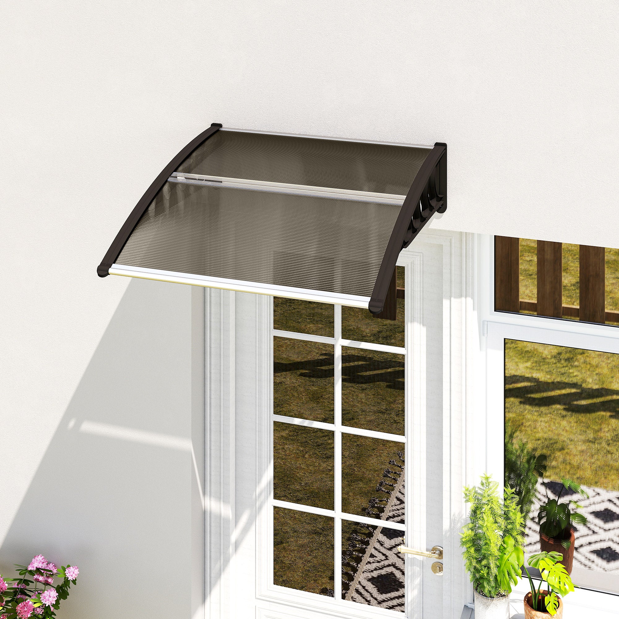 Outsunny Front Door Canopy, Outdoor Awning, Rain Shelter for Window, Porch and Front/Back Door, 103 x 96.5 cm, Brown - anydaydirect