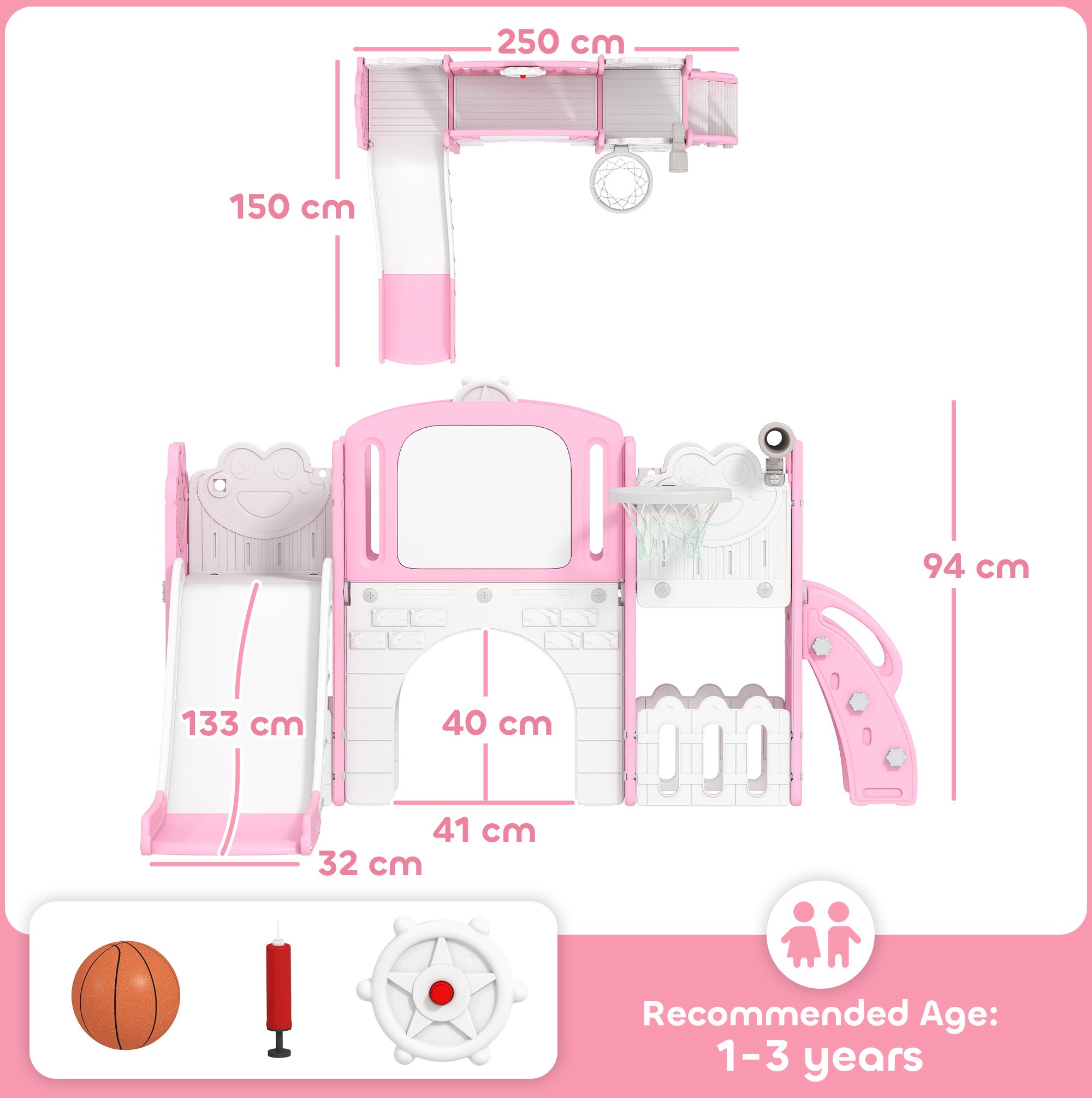 AIYAPLAY 7 in 1 Toddler Slide Set with Basketball Hoop, Climbing Frame, Telescope, Drawing Board, Storage Box, Pink - anydaydirect