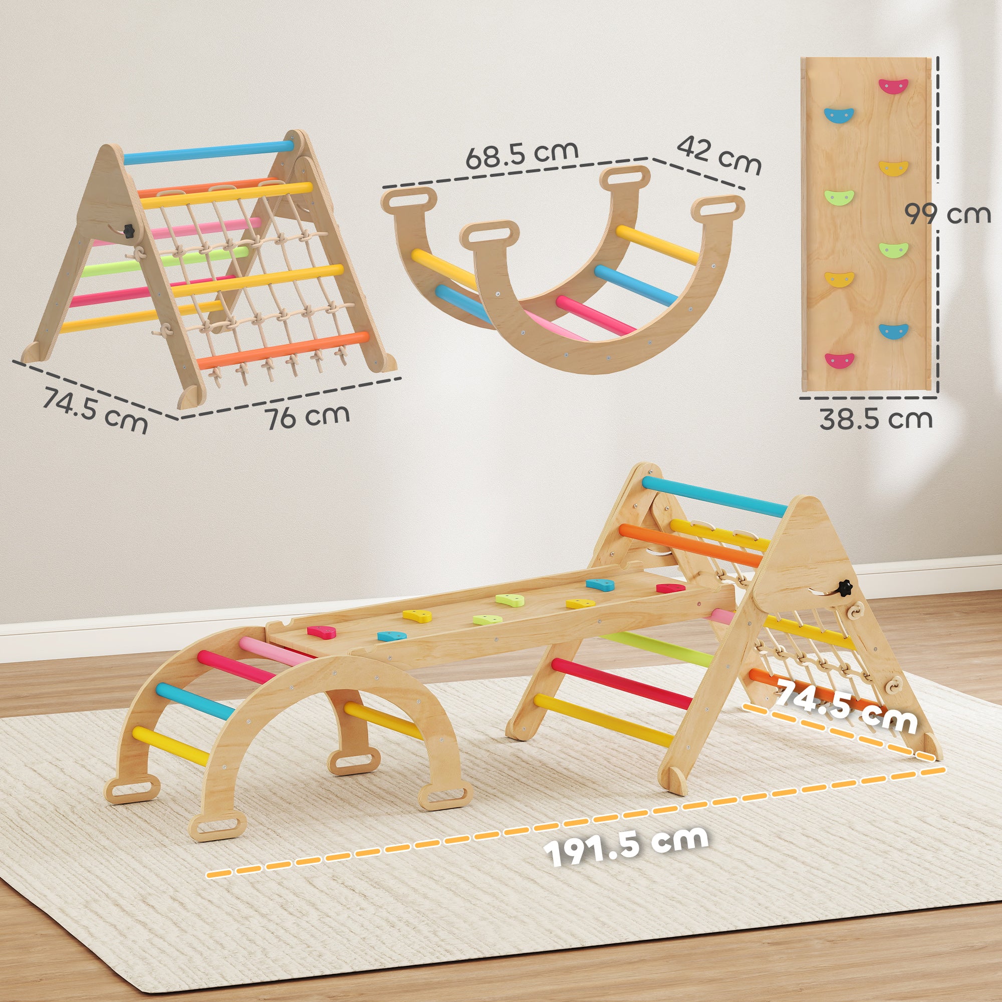 AIYAPLAY 8-in-1 Toddler Climbing Frame, Indoor Play Triangle Set with Slide, Arch and Triangle Ladder, Multicolour - anydaydirect