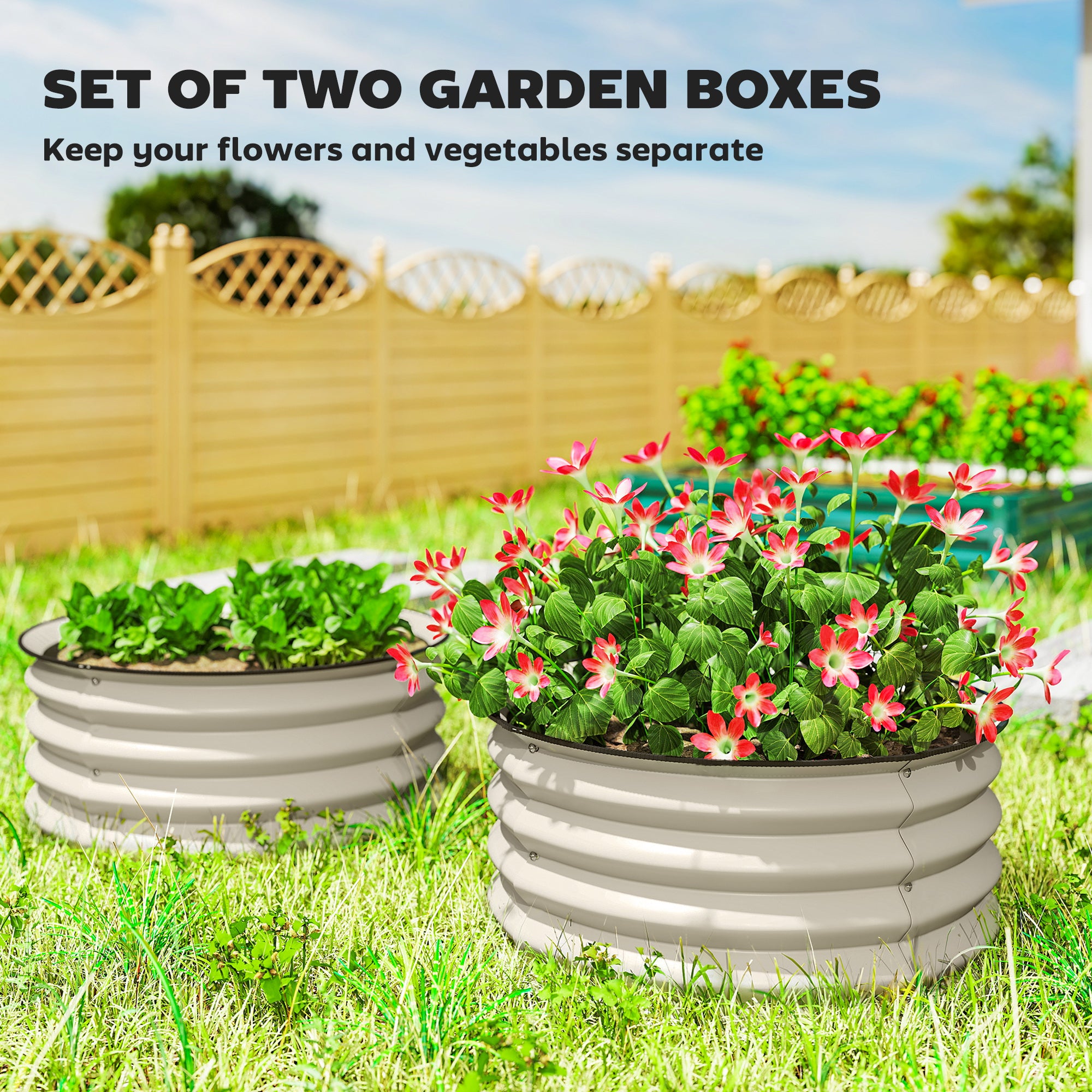 Outsunny Set of 2 Raised Garden Bed, Metal Planter Box with Safety Edging, Easy-to-assemble Stock Tank, Cream White - anydaydirect