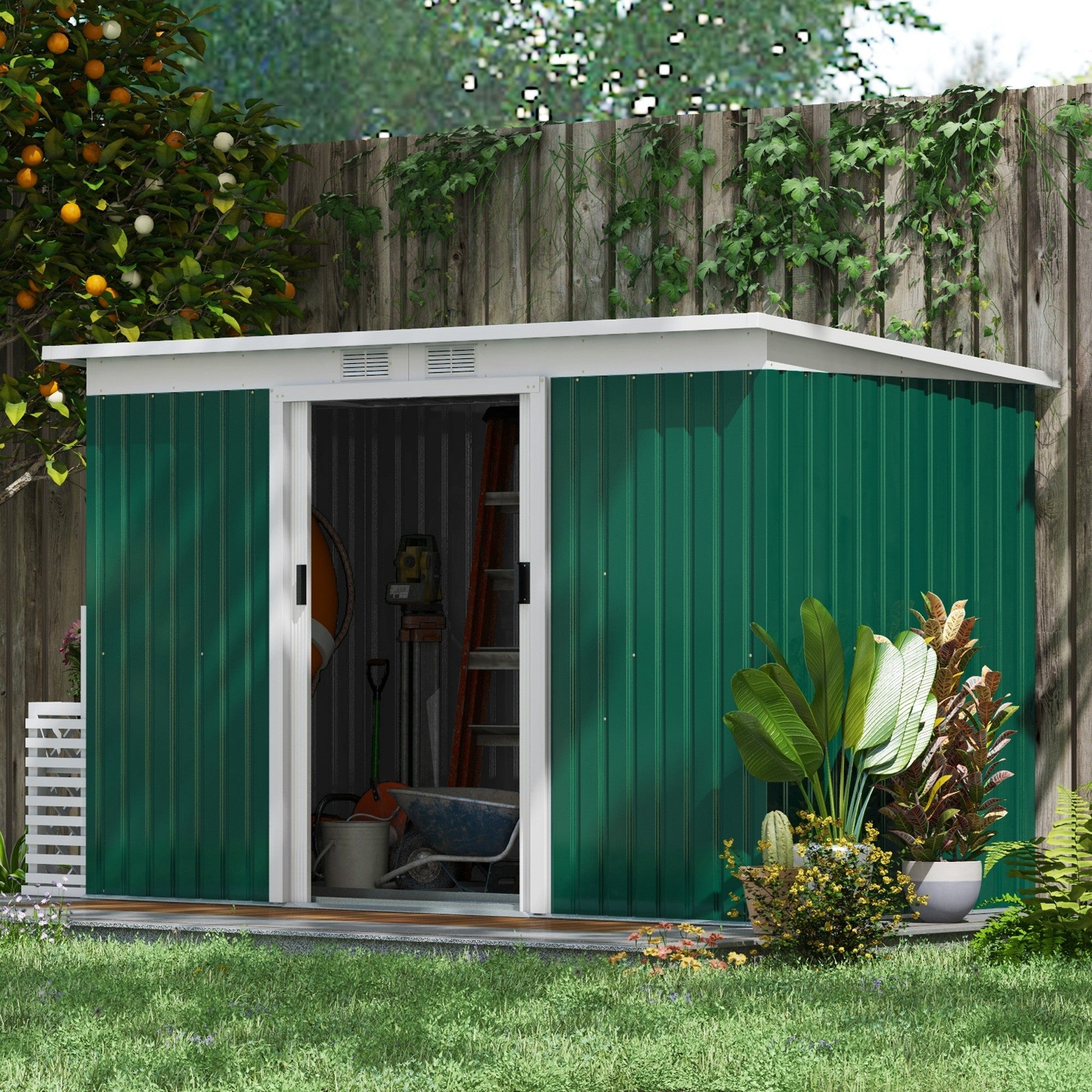 Outsunny 9ft x 4.25ft Corrugated Garden Metal Storage Shed Outdoor Equipment Tool Box with Foundation Ventilation & Doors Deep Green - anydaydirect