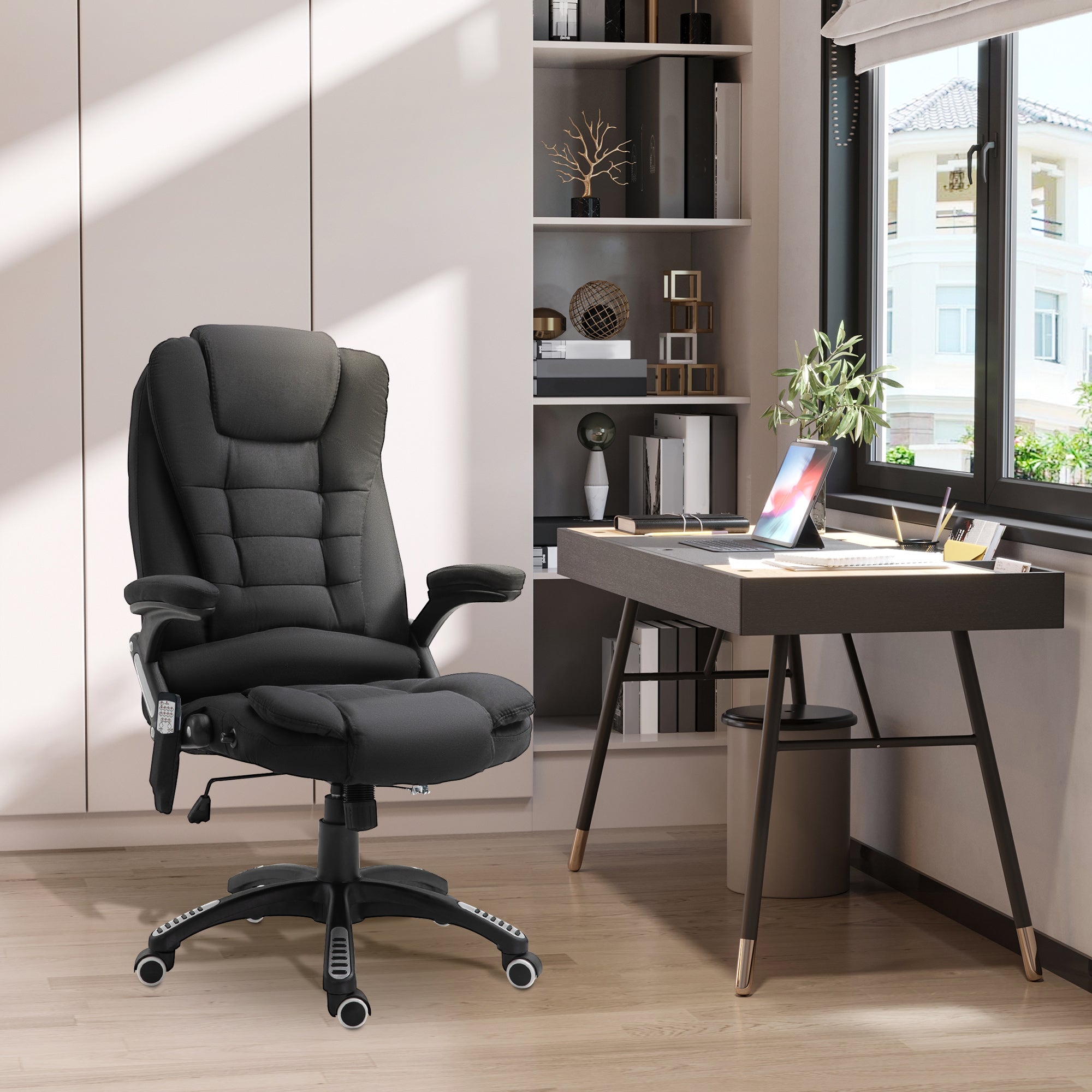 Vinsetto Massage Recliner Chair Heated Office Chair with Six Massage Points Linen-Feel Fabric 360° Swivel Wheels Black - anydaydirect