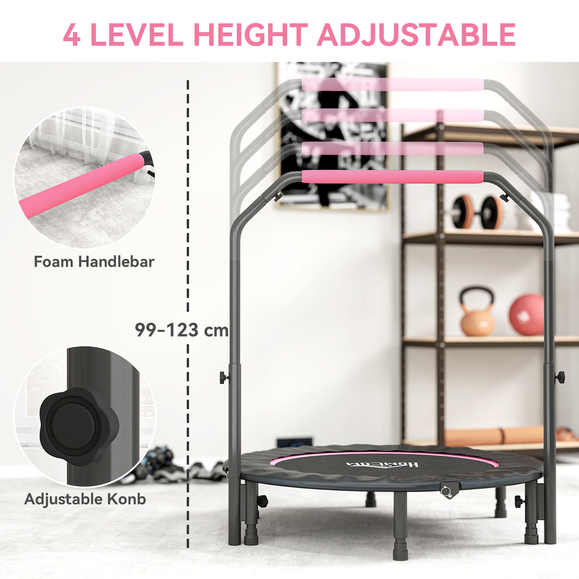 HOMCOM 45" Foldable Mini Fitness Trampoline, with Adjustable Foam Handle, Pink - anydaydirect