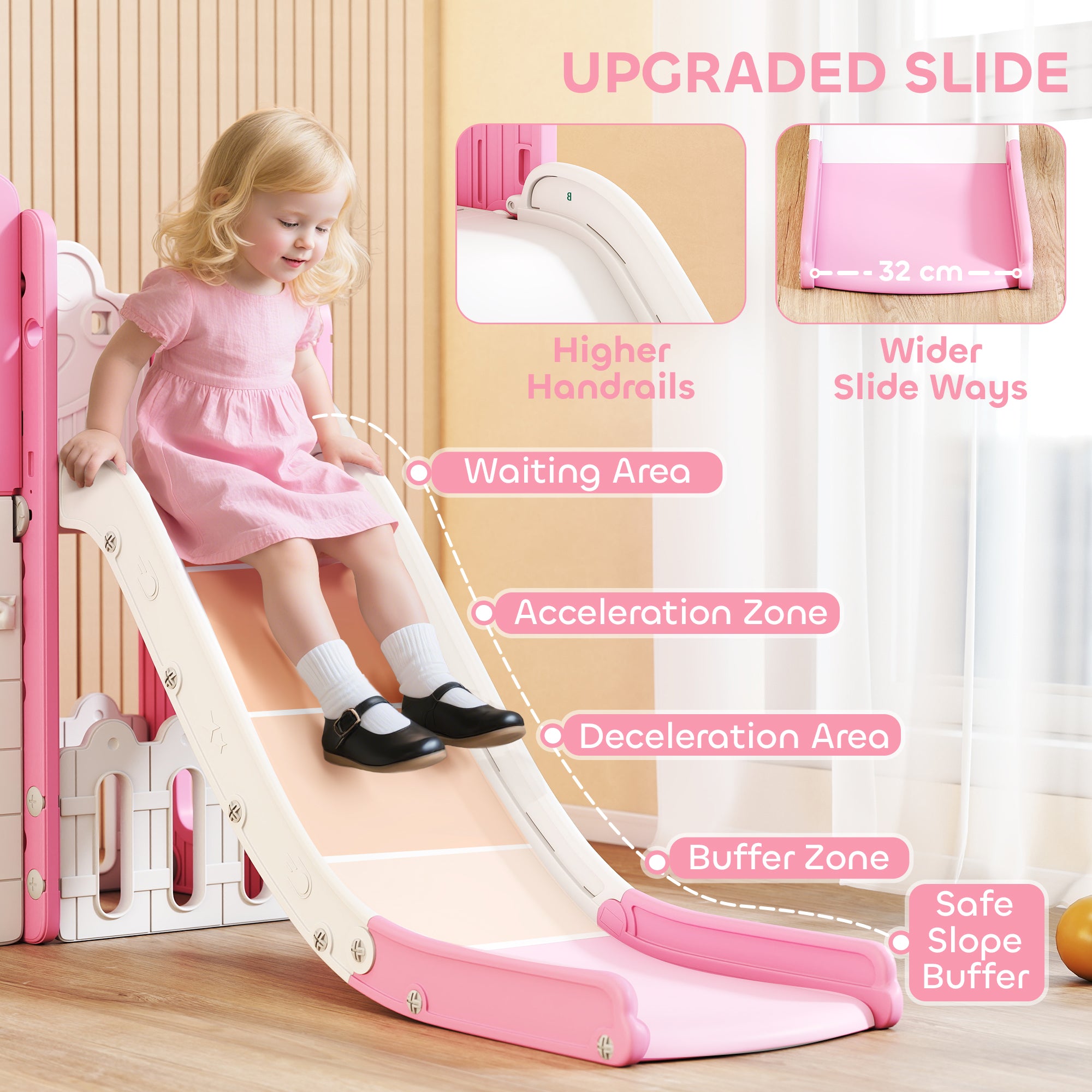 AIYAPLAY 7 in 1 Toddler Slide Set with Basketball Hoop, Climbing Frame, Telescope, Drawing Board, Storage Box, Pink - anydaydirect